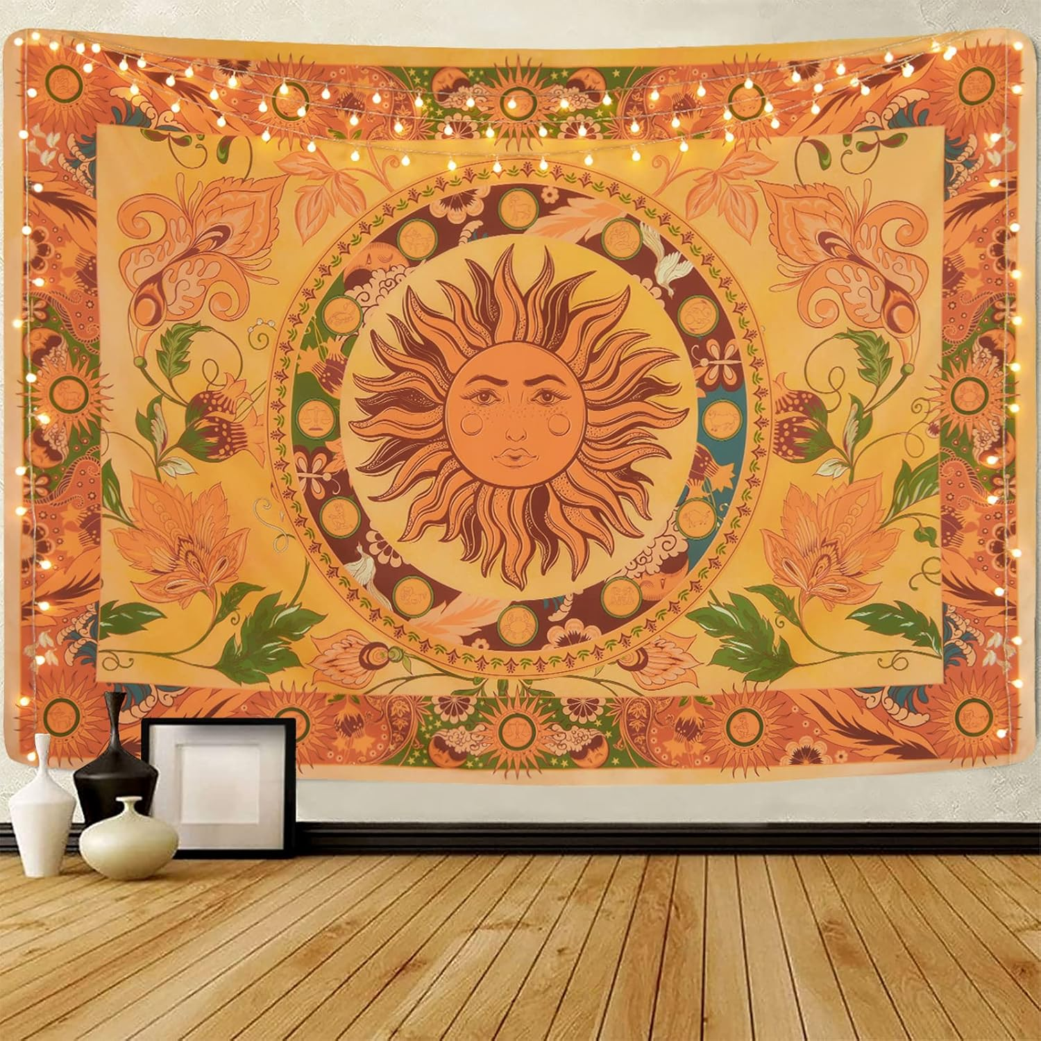 Lyacmy Burning Sun Tapestry with Flower Vines - Vintage Floral Mystic Hippie Wall Hanging for Room (Pale Cerulean, 51.2 X 59.1 Inches)