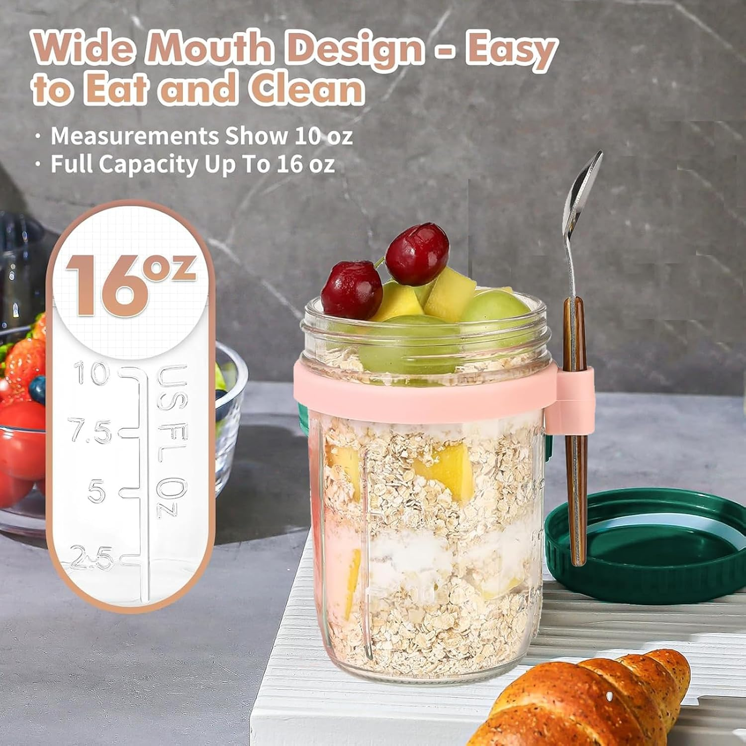 4 Pack Overnight Oats Containers with Lids and Spoons 16 Oz Glass Mason Jars for Overnight Oats Leak Proof Oatmeal Container Great for Cereal Fruit Vegetable Milk Salad Yogurt Meal Prep image number 3