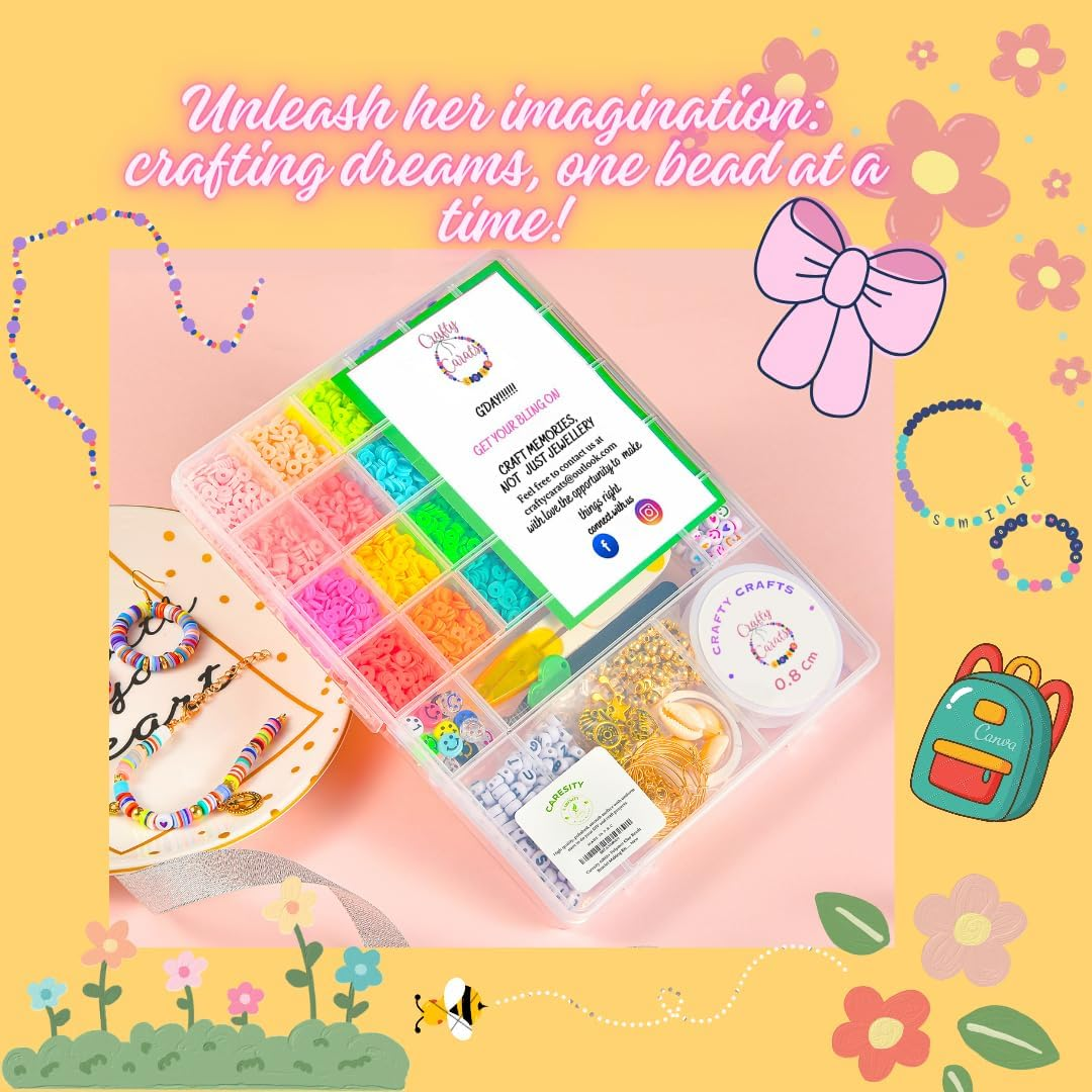 Crafty Carats Friendship Beads 7000+ Polymer Clay Beads Bracelet Making Kit, 24 Vibrant Colors, Flat Polymer Clay Beads, a to Z Letter Beads, Emoji and Smiley Beads Jewellery Making Supplies and Crafts Gift Set for All, Polymer Clay Beads Bracelet Making Kit, Black N White Color Palette Vintage Letter Beads, Charm Bracelet Making Kit, Mystical Charms, Elastic Chords and Clasps for Durable Fit, Hooks and Chain for Perfect Locking, Swifie Bracelets, with One Set of Forceps and Scissor #Onlyonamazon (7000, Plain) (Plain) image number 1