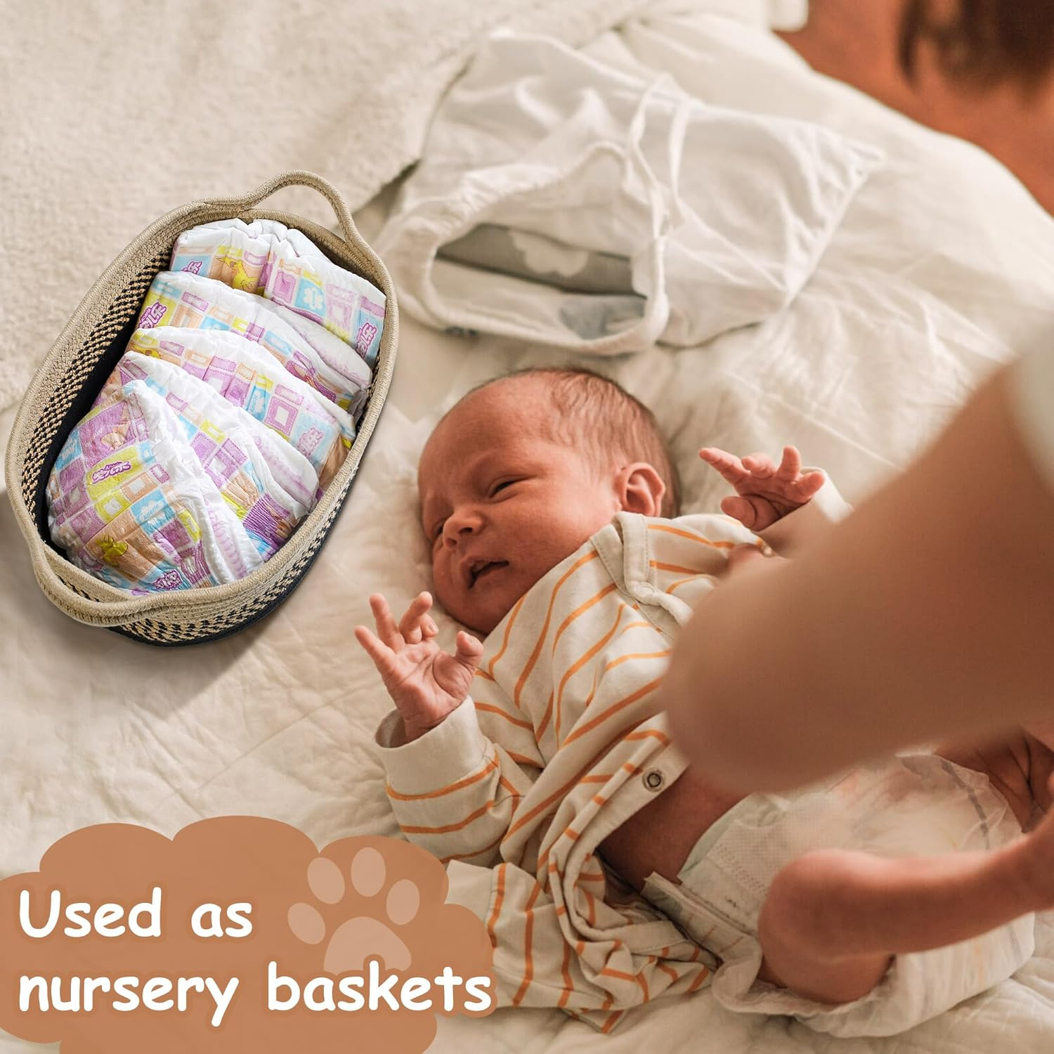 Small Woven Baskets for Organizing Rope Storage Basket with Handle Cute Cotton Nursery Gift Dog Toy Bins Organizer-Light Beige - Blackbeige image number 6