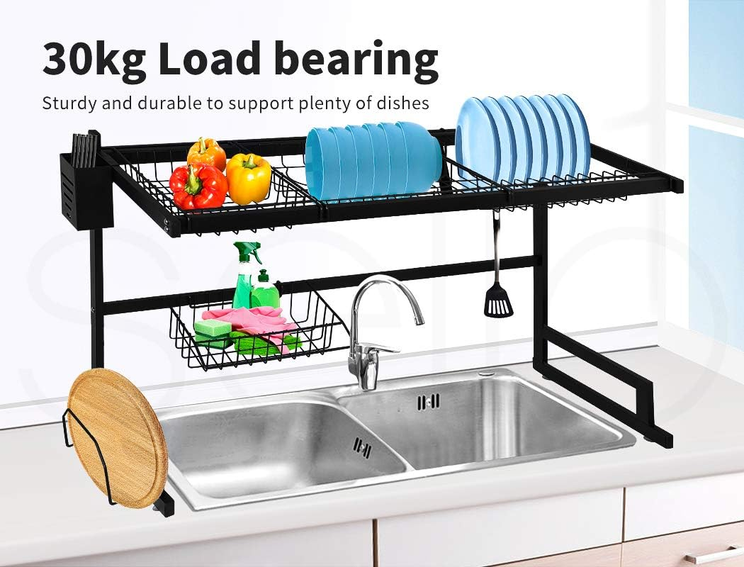 TOQUE over Sink Dish Drying Rack 2 Tier 65Cm Length Double Sink,Stainless Steel Kitchen Drainer Cutlery Utensil Plate Organizer Black,Freestanding Large Storage Multiple Baskets Board for Countertop image number 3