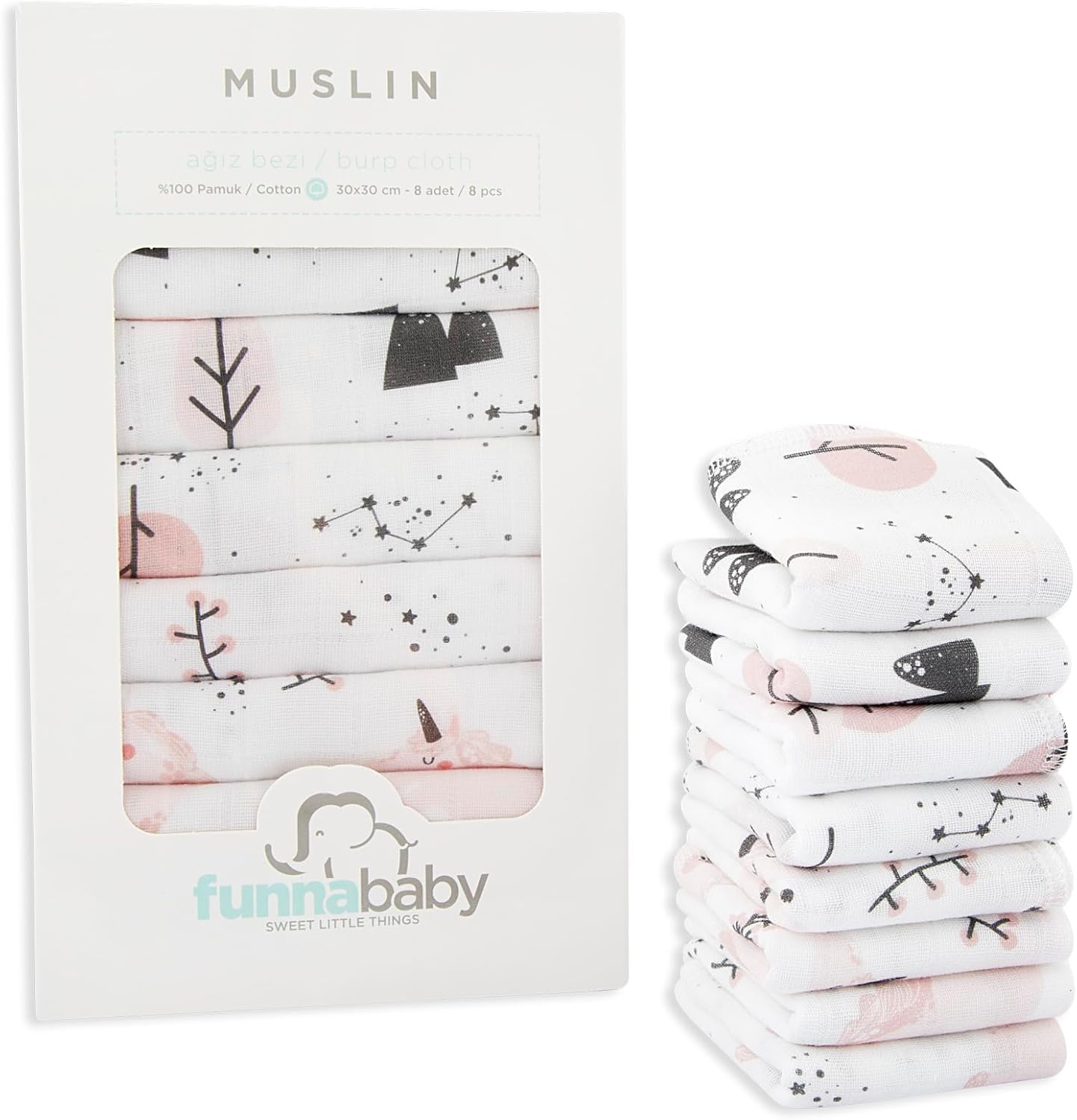 Funnababy Baby Muslin Cloths for Newborn &ndash; Pack of 8, Thin and Quick Dry, Extra Soft Face Muslin, 100% Cotton, Fabric Washcloth, Square Cloth for 0-6 Months, Starter Baby Essential, 30X30 Cm image number 3