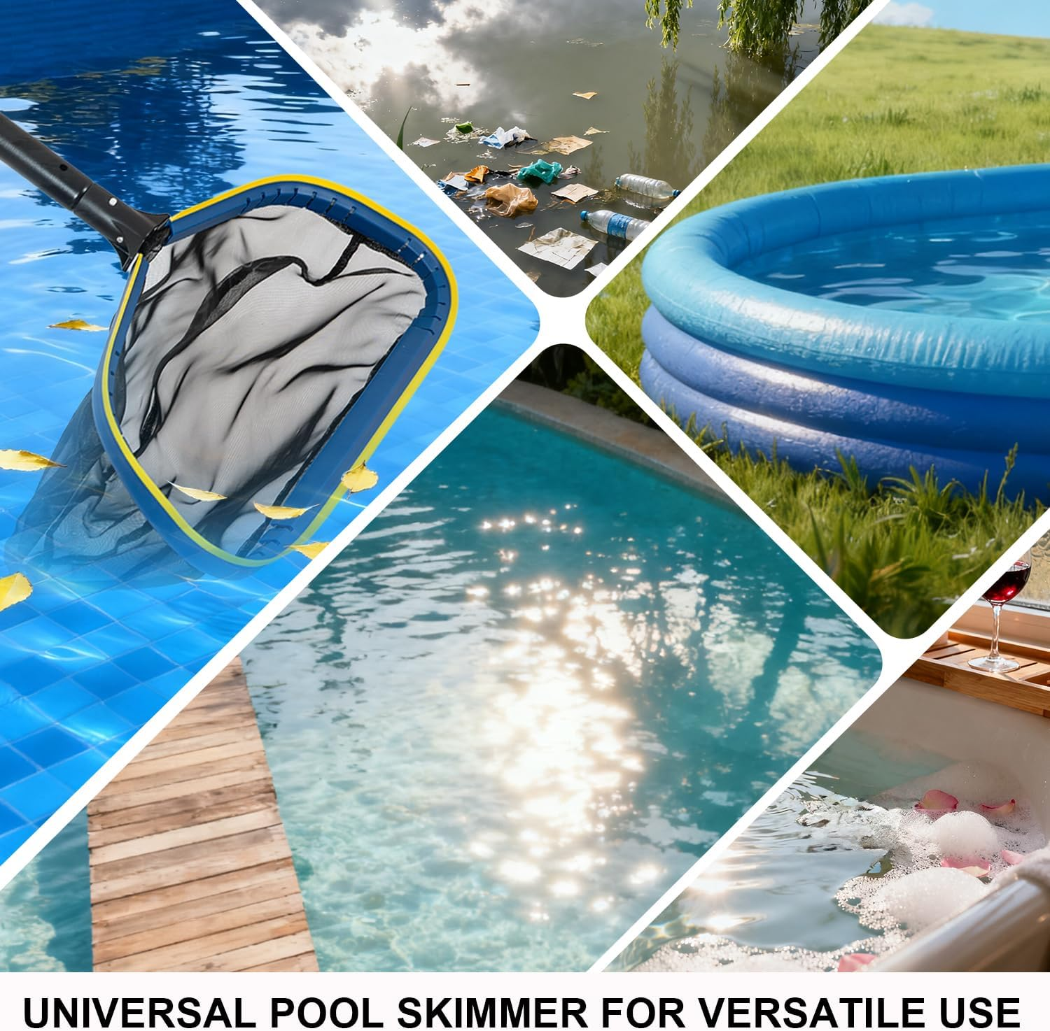 POOLAZA Pool Net Skimmer, Fine Mesh Pool Skimmer Net with Deep Bag, Durable Pool Nets for Cleaning with Aluminum Frame & Handle, Larger Capacity Pool Leaf Skimmer, Pool Leaf Net with Easy Scoop Edge