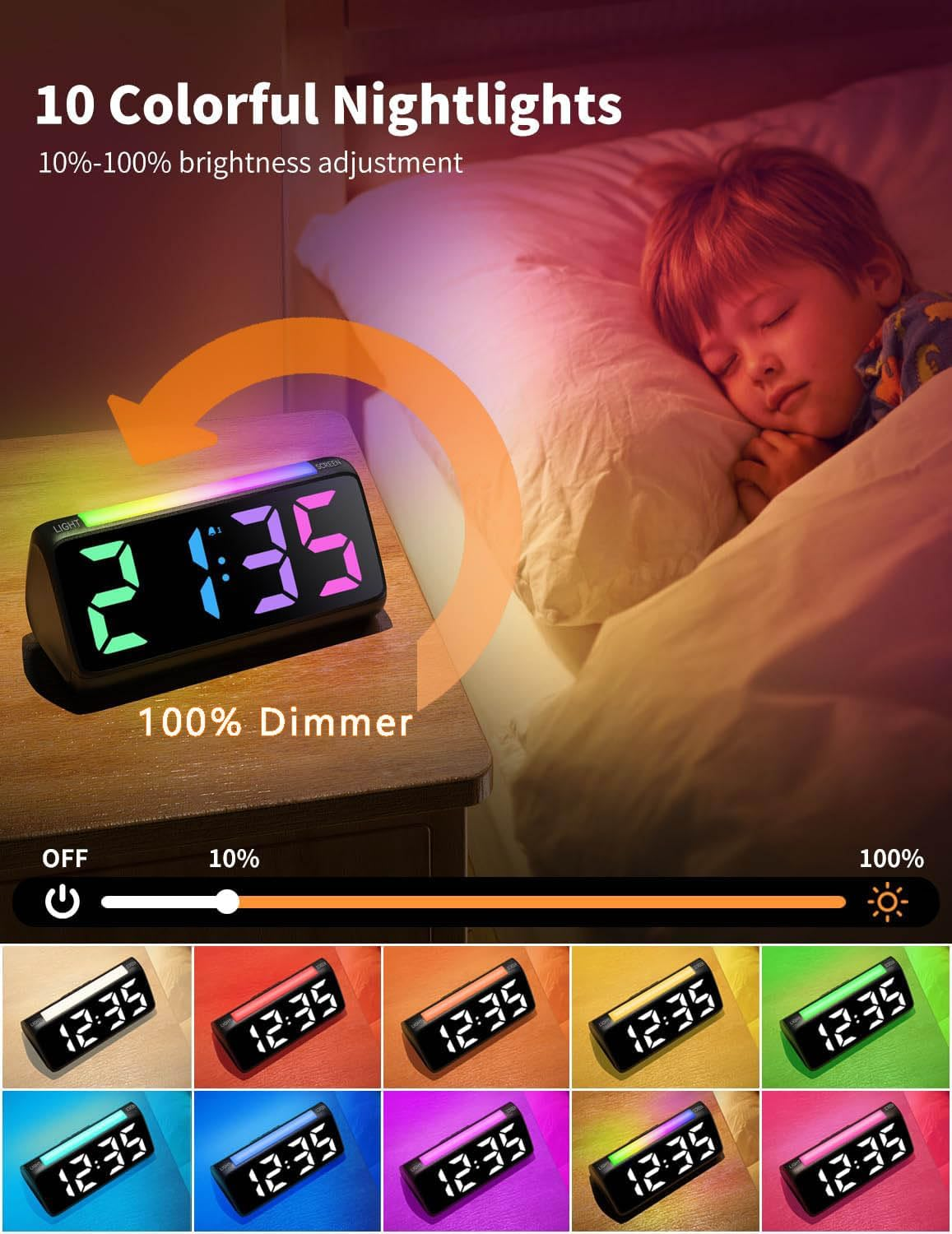 Ohamtes Digital Alarm Clock，Bedside Clocks with RGB Night Light, Large Display, Dual Alarm, Snooze, 100% Adjustable Brightness Dimmer Alarm Clocks, Suitable for Bedside image number 5