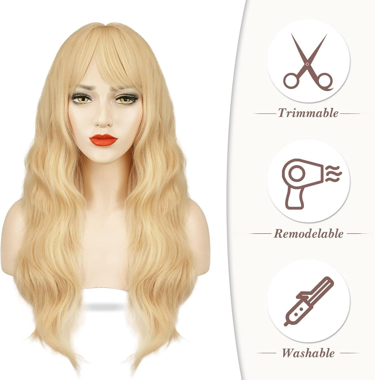 QAUARUMSUN Long Blonde Wig with Bangs 26 Inch Long Curly Wavy Wigs for Women Synthetic Blonde Hair Wigs Natural Looking Daily Cosplay Party Halloween（Wavy） image number 6