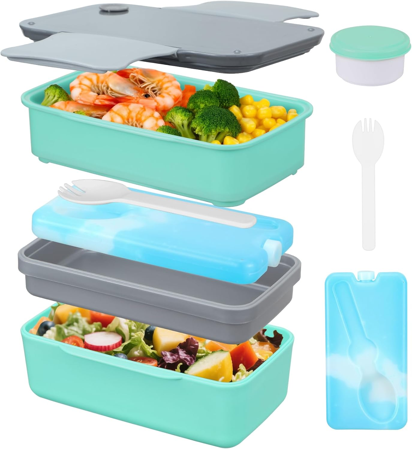 Globright Bento Lunch Box for Kids,6 Stackable Containers for Adults, Leak-Proof Built-In Utensil Set Reusable Ice Pack (Blue)