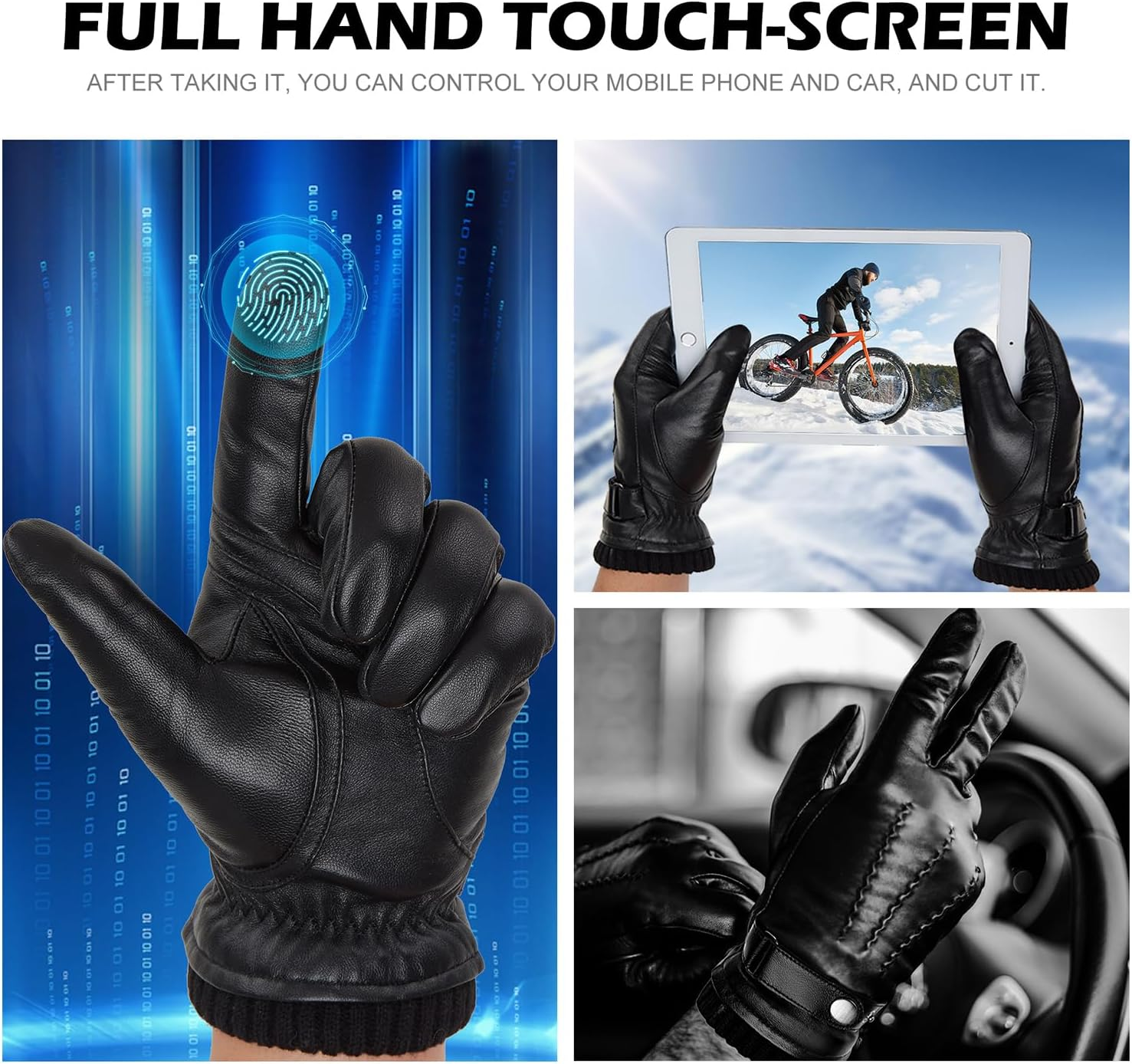 BISON DENIM Men'S Leather Gloves Warm Cashmere Lining Windproof Gloves Touchscreen Function image number 5