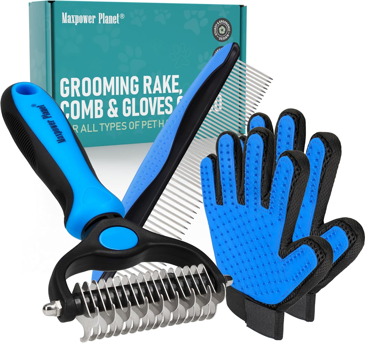 Maxpower Planet Pet Grooming Brush - Double Sided Shedding and Dematting Undercoat Rake Comb for Dogs and Cats,Extra Wide,Blue