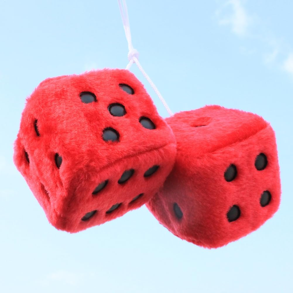 Car Mirror Hanging Furry Dice, Classic Vintage Soft Square Hanging Fuzzy Dice, Accessories Ornament Decoration for Car Rearview and Automotive Interior Mirror (Red) - Red image number 2