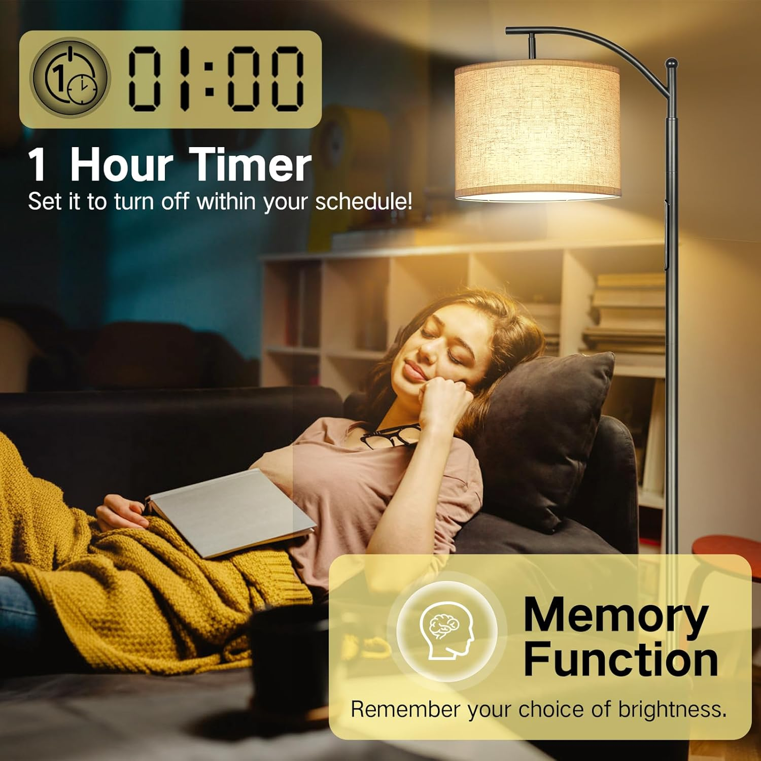 GOOGO Floor Lamp Living Room with Adjustable Angle Linen Lampshade, 3 Colour Temperatures, Floor Lamp Dimmable with Touch Control, App and Remote Control, 1-Hour Timer, for Home Office, Bedroom image number 3