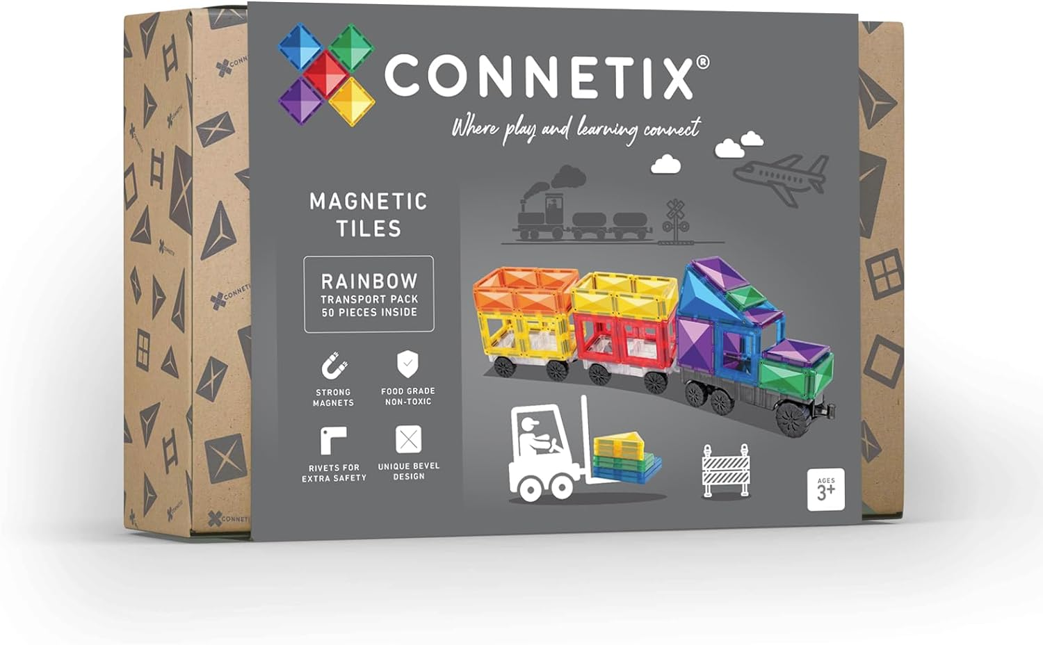 CONNETIX Magnetic Tiles Rainbow Transport Pack, 50 Pieces