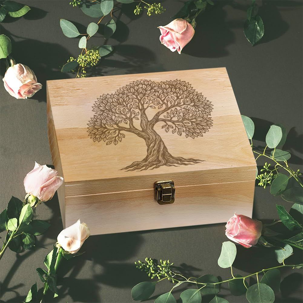 Arricraft Wooden Memory Box with Tree Pattern Decorative Wooden Memory Box with Hinged Lid for Photos Dvds Letters Capacity 24.5 X 19.5 X 10.3 Cm image number 1