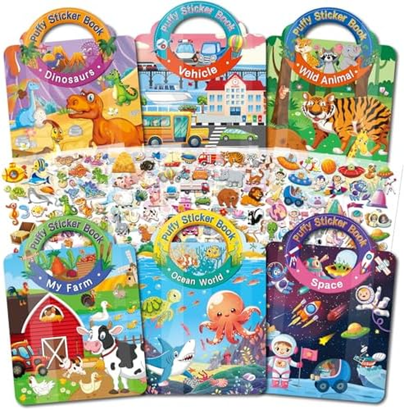 6 Sets 3D Puffy Sticker Books for Kids 2-4, Reusable Sticker Books for Toddlers 1-3, Travel Stickers for Kids, Activities for Toddlers, Birthday Gifts Party Favors, Carnival Prizes image number 1