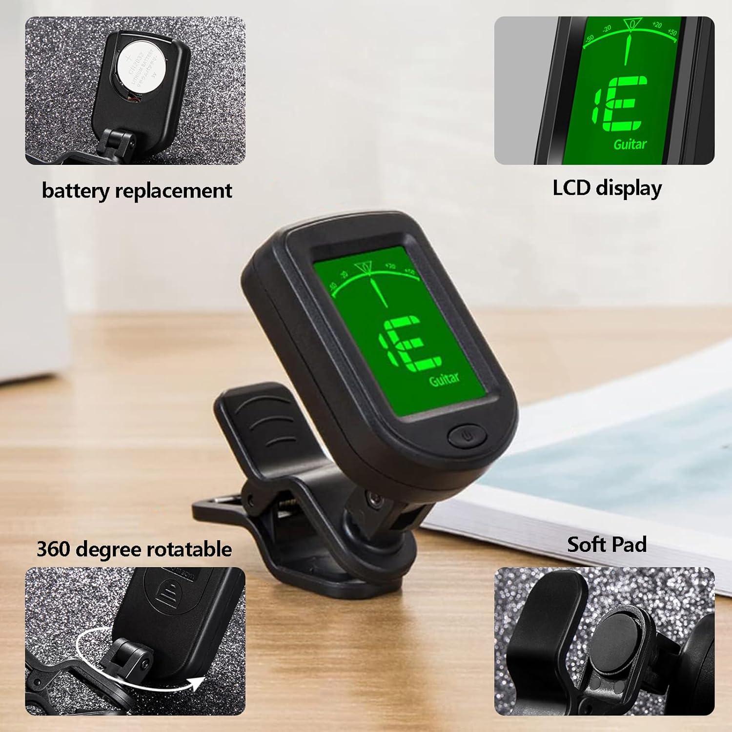 Guitar Tuner Clip-On, 360&deg; Rotating Accurate Tuning Clip-On for Guitar with Color LCD Display and 5 Rhythm Modes, Musical Instrument Tuner for Bass Guitar Violin Banjo Ukulele Music Beginner image number 1