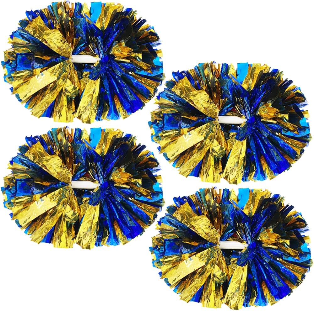 4 Pack Cheerleading Pom Poms,Metallic Cheer Pom Poms with Training Baton Handle for Team Sport Spirit Squad Bulk Cheerleaders(Blue and Gold) image number 3