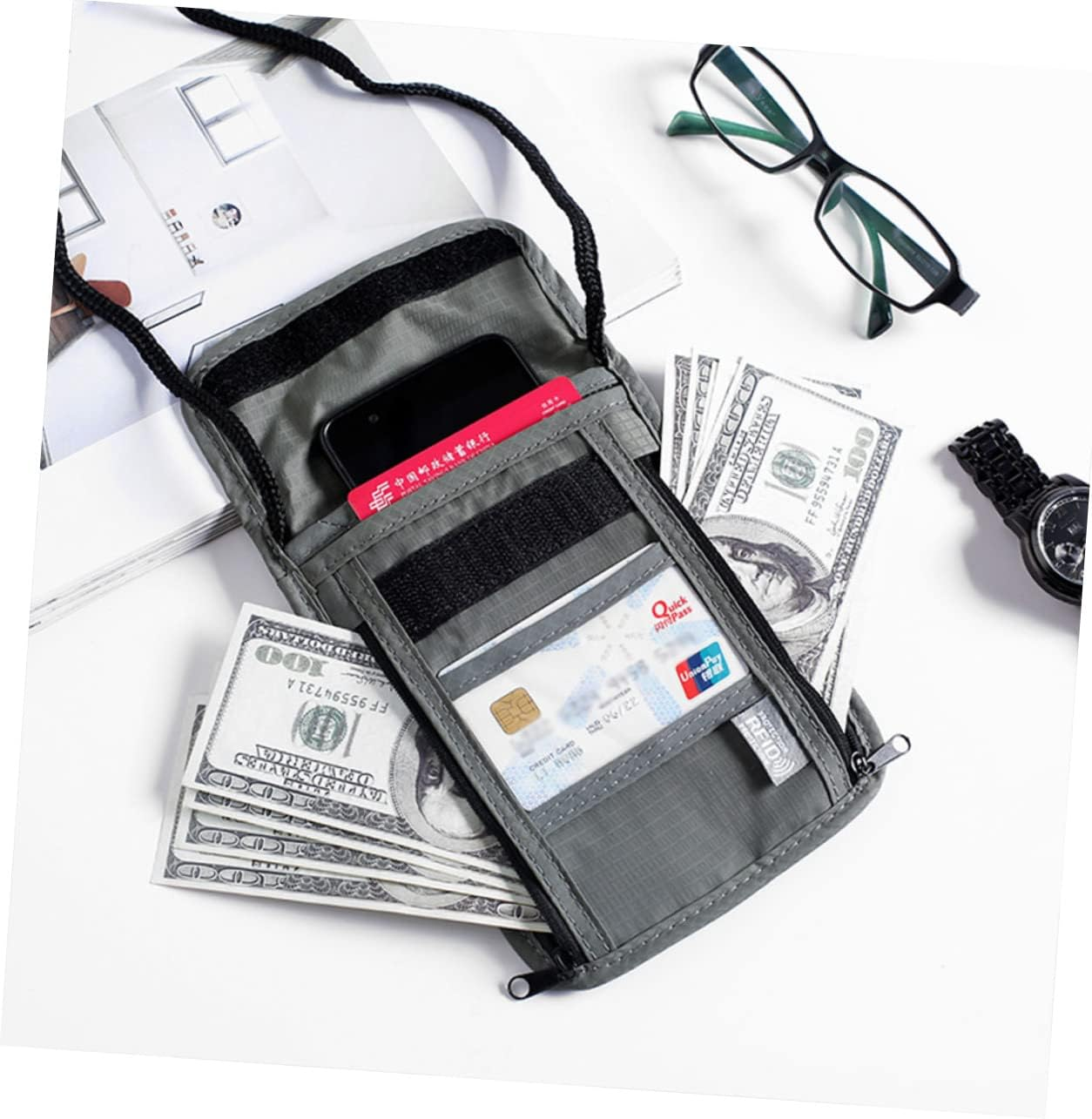 Jojofuny Multi-Function Passport Holder Wallet -Blocking Shoulder Bag Travel Accessory Neck Hanging Bag Credit Card Organizer Grey