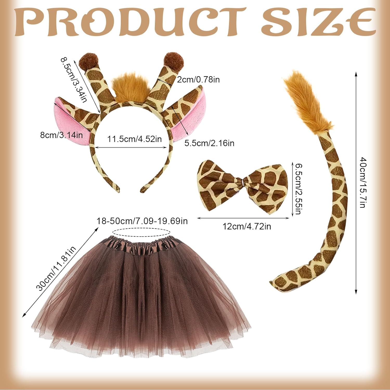 SAIIURV 5 Pieces Giraffe Headband Costume, Halloween Deer Ears Headband Bowtie Tail Deer Face Tattoo Stickers Girls Princess Tutu Skirt, Animal Costume Party Fancy Dress up for Kids Girls