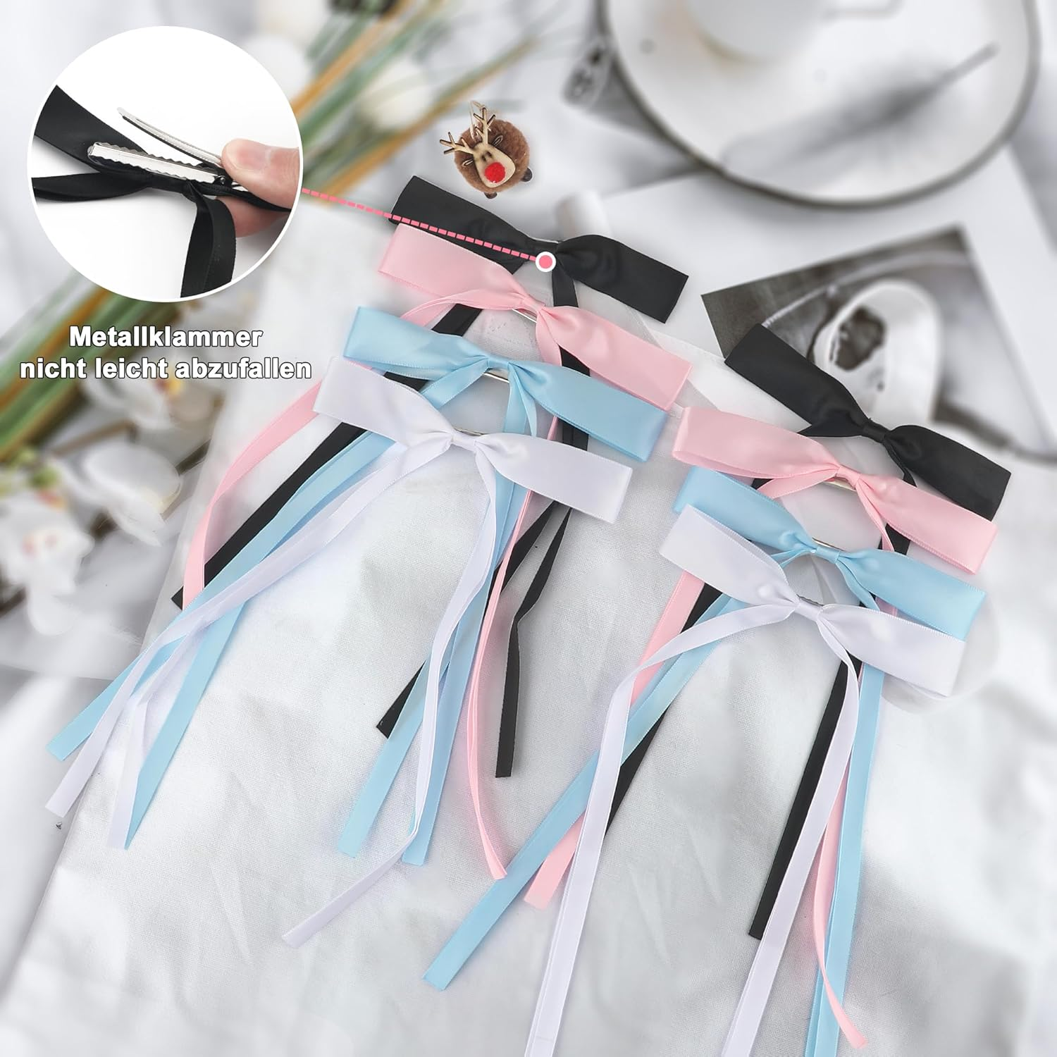 8 Pieces Hair Clip Bow Silky Satin Hair Bows with Long Tail Hair Accessory Women Hair Bow Clip for Hair Decoration Black Pink Blue White image number 3