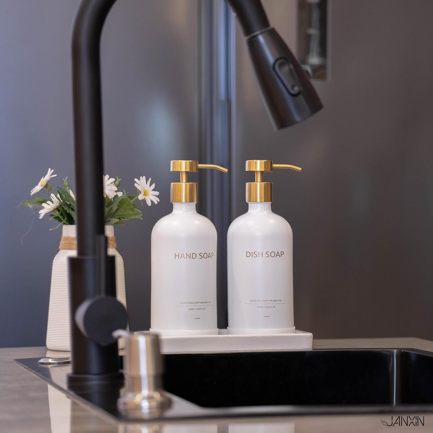 500 Ml Glass Soap Dispenser with Dispenser Tray, Soap Dispenser Set, Suitable for Kitchen, Shower (White + Gold Head)