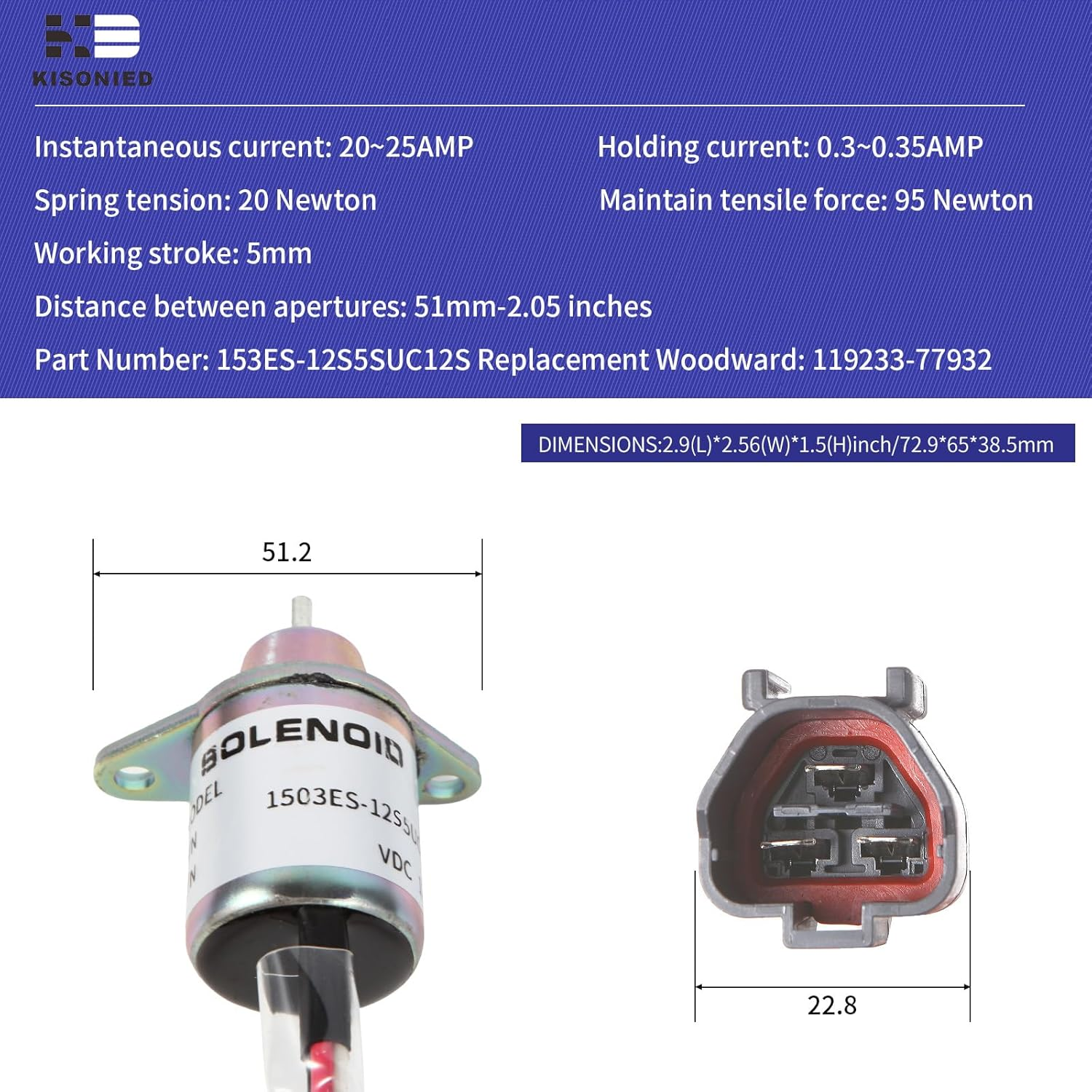 Fuel Shut off Solenoid 119233-77932 Yanmar 1503ES-12S5SUC12S Replace Woodward M810324 for John Deere 3038E 3036E 3032E 2025R 2032R 2027R 2036R Tractor Stop Solenoid 12VDC image number 4
