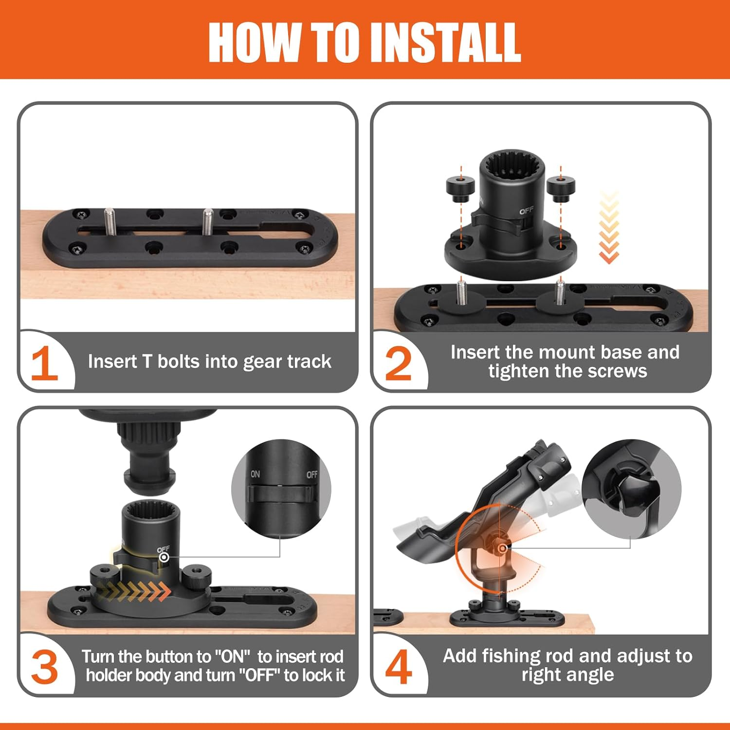 Hikeen Kayak Fishing Rod Holder, Fishing Boat Rod Holder with T-Shaped Screw Mounted on the Rail or Kayak, Fishing Boat, 360 Degree Adjustable Fishing Pole Holders, 1 Pack image number 4