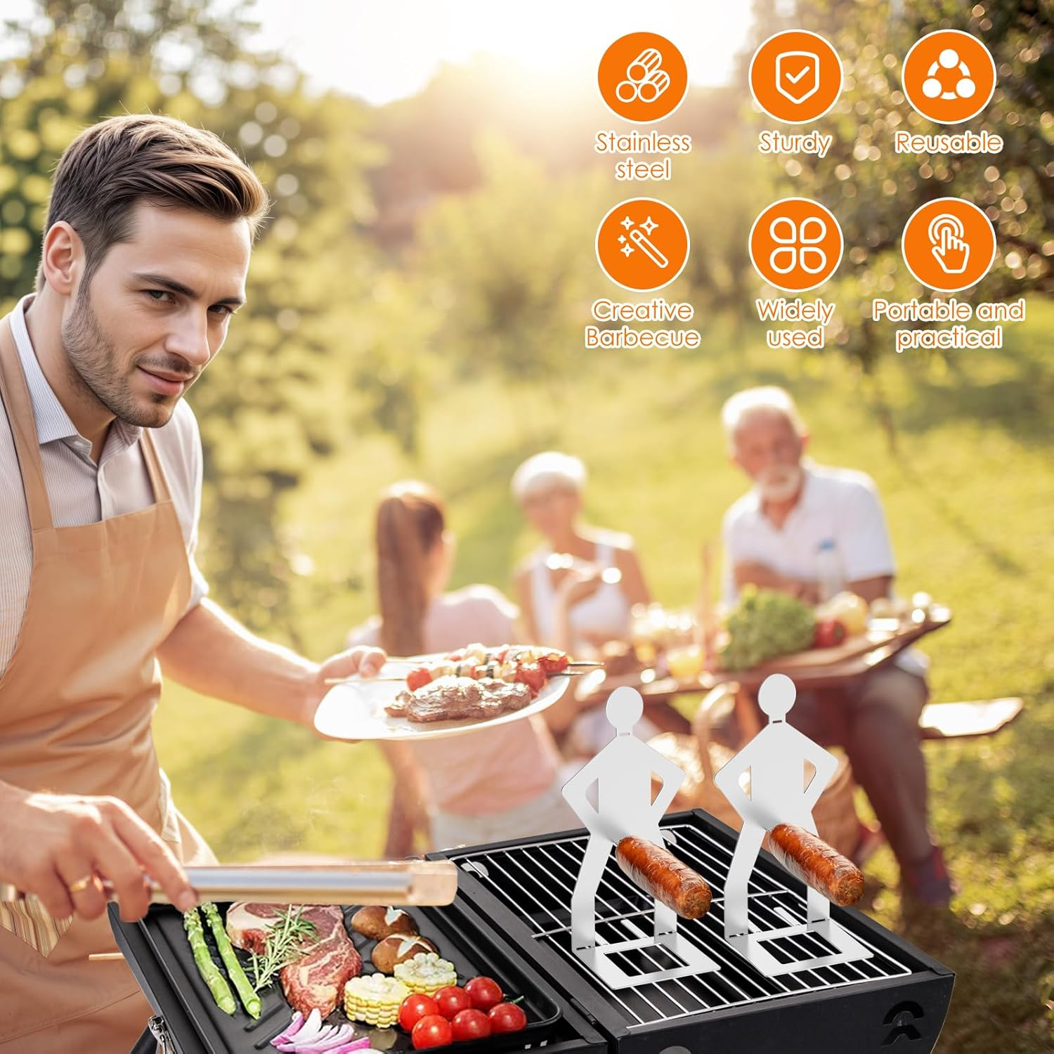 4Pcs Funny Hot Dog and Sausage Stand,Stainless Steel Standing Man Sausage Barbecue Rack,Portable Hot Dog BBQ Holder for Gathering Camping Outdoor image number 5