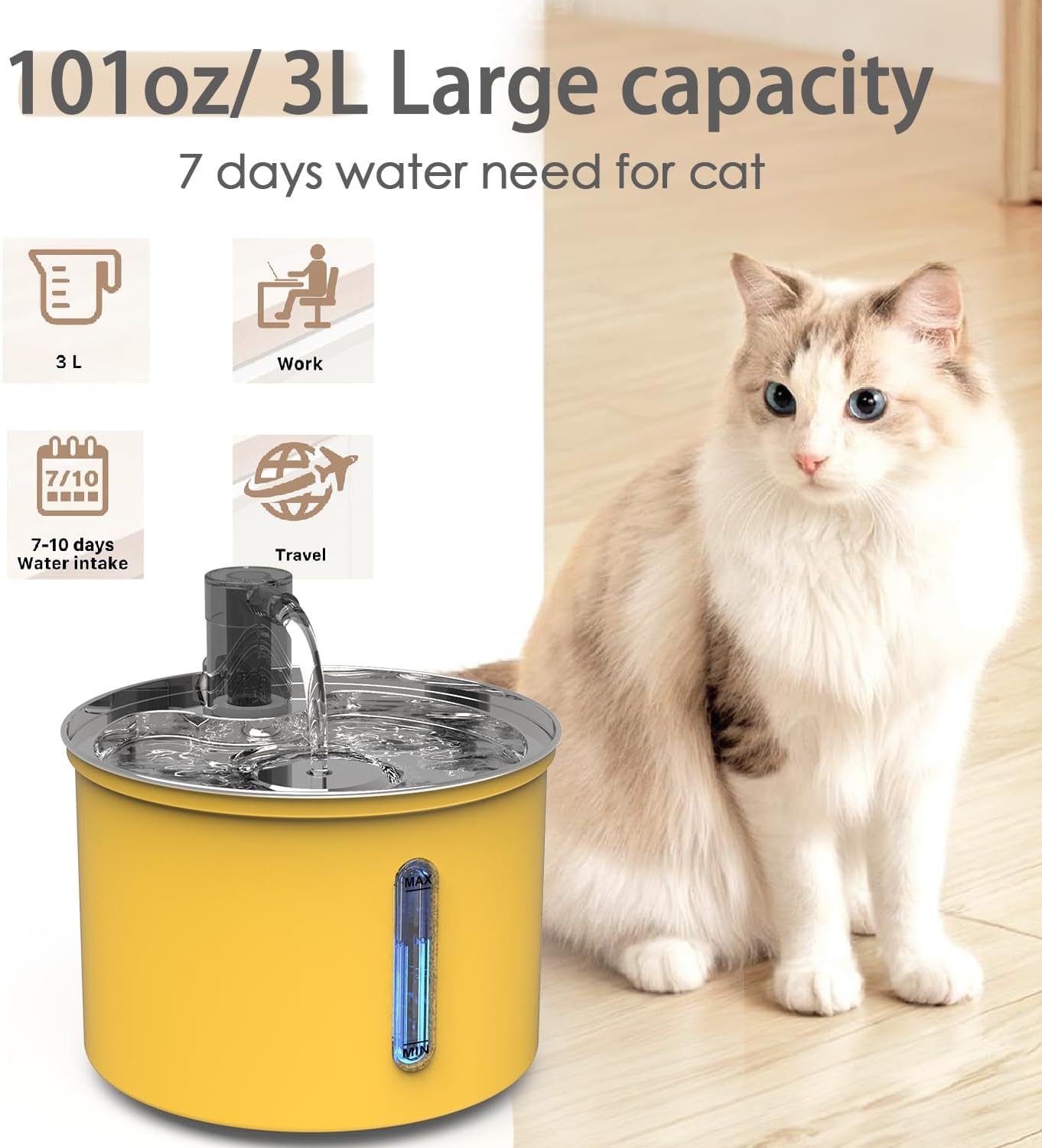 Cat Water Fountain Stainless Steel, 3L/101Oz Pet Water Fountain for Cats Indoor, Super Silent Automatic Cat Drinking Fountain，Yellow image number 3