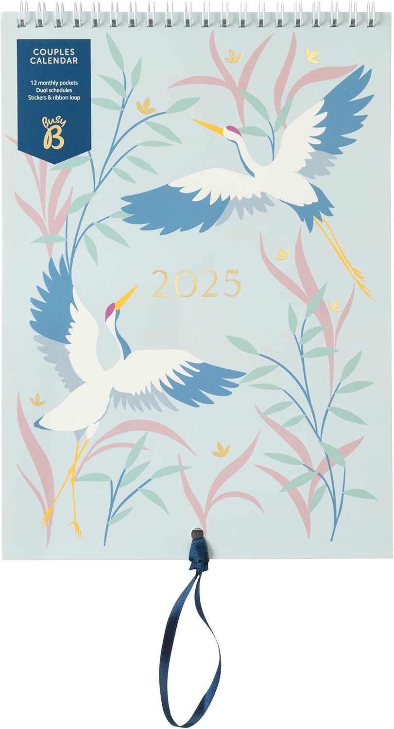 Busy B 2025 Calendar Couples Wall Calendar 2025 - Birds Slim Design with Dual Schedules, Monthly Pockets & Stickers - A5 Hanging Calendar for Shared Planning, Birthdays & Important Dates - Jan to Dec