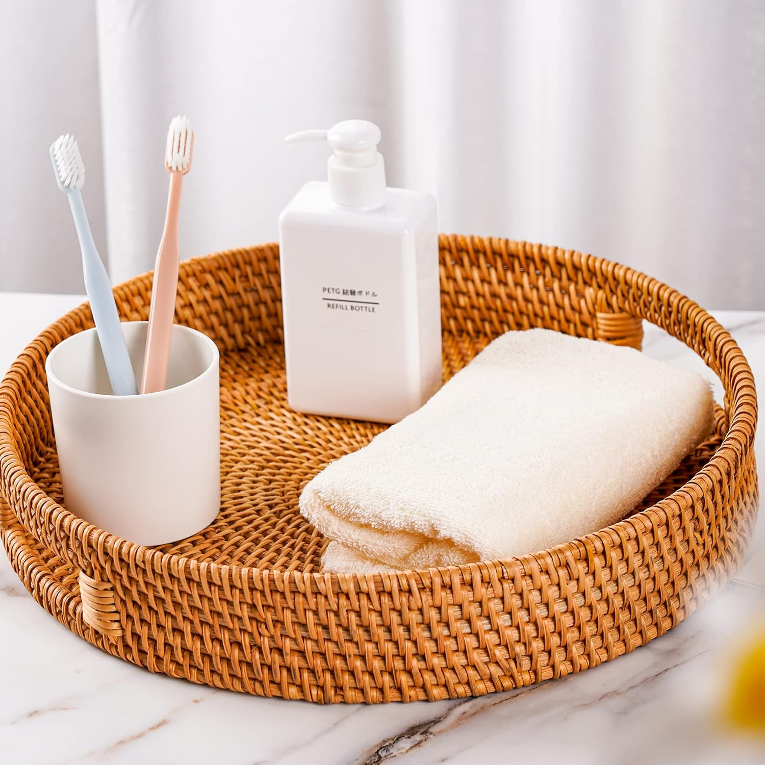 FIYAMMY Large round Rattan Serving Tray Set of 2, Woven with Handles, Wicker Fruit Bread Basket for Coffee Table (13.8In X 2.8In; 11.8In X 2.4In) image number 3