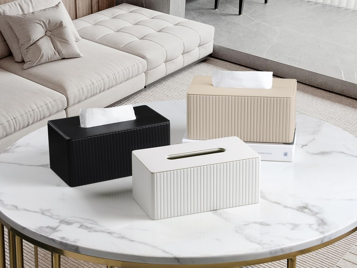 Stylish PU Leather Rectangle Tissue Box Cover with Magnetic Bottom for Bathroom Bedroom Office (White Stripes)