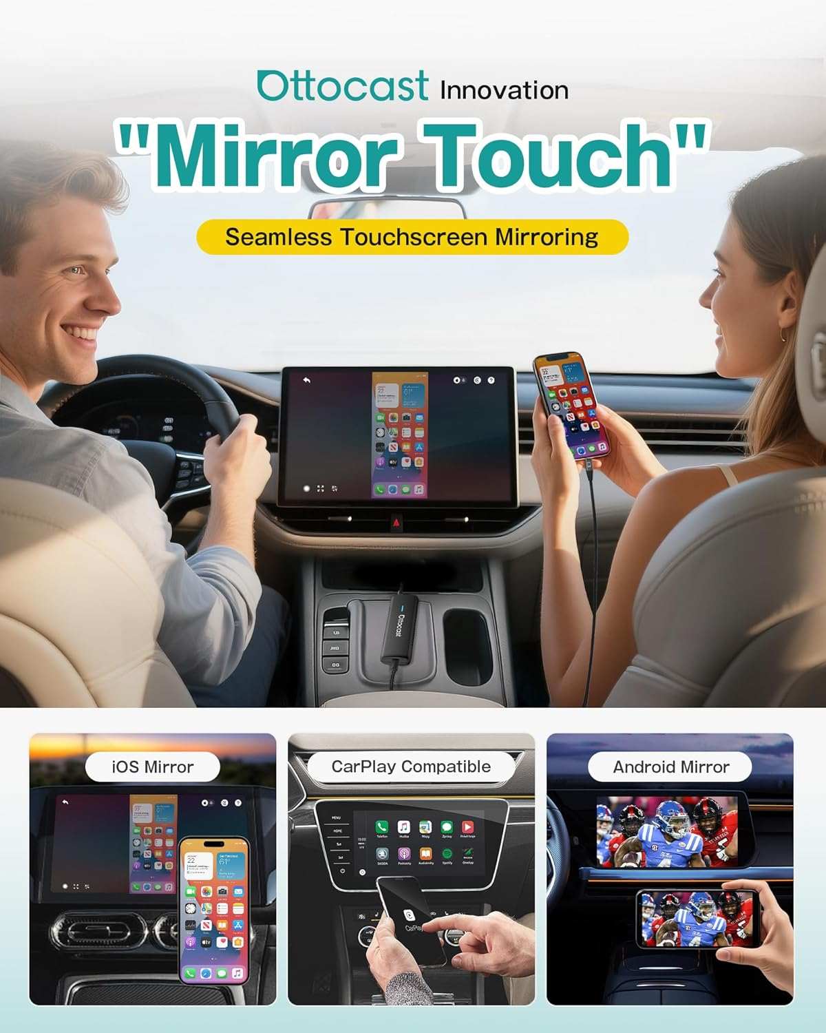 OTTOCAST Mirror Touch Wireless Carplay Adapter - Bi-Directional Phone Mirroring & Dual Mode for Factory Wired Carplay - Seamless Iphone & Android Integration image number 3