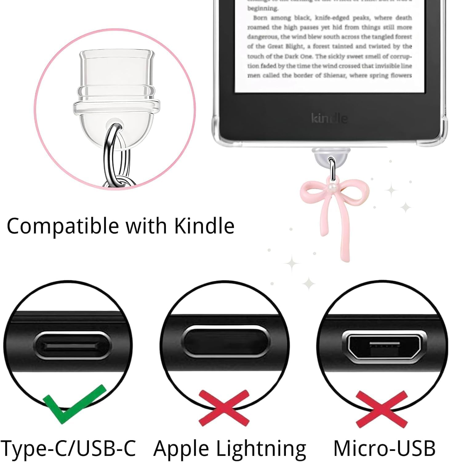 [3 Pack] T Tersely Dust Plug for Kindle Paperwhite 12Th/11Th/Kobo/E-Book/Mobile Phone, USB C Cute Dust Plug Accessories, Decoration for Type C Charging Ports - Pink image number 6