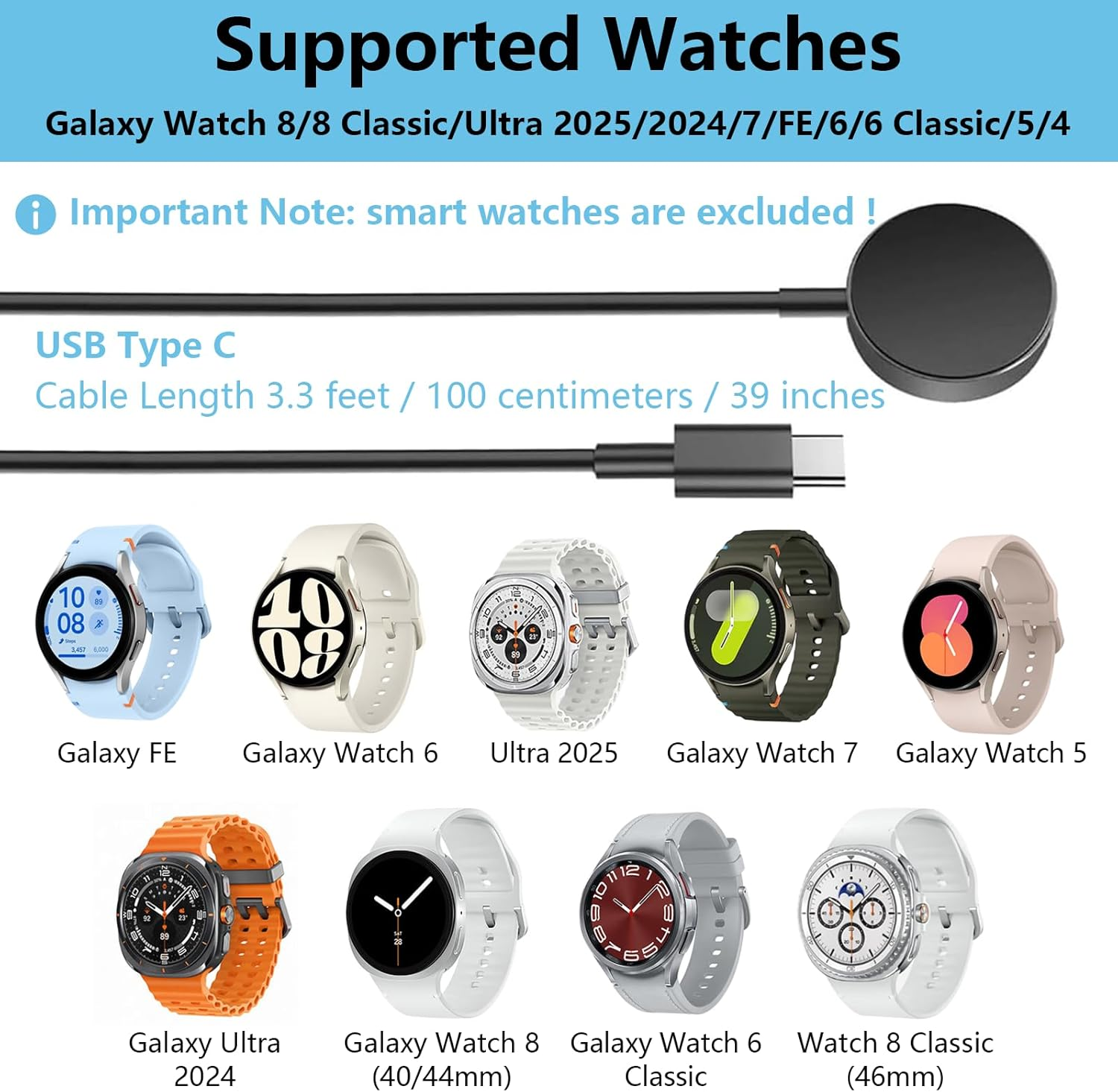 ONBPIY Type C Charger for Samsung Galaxy Watch 8/7/6/5/4/3/Ultra/Classic/Fe 1M Fast Charging Cable Compatible with Multiple Watch Models image number 5