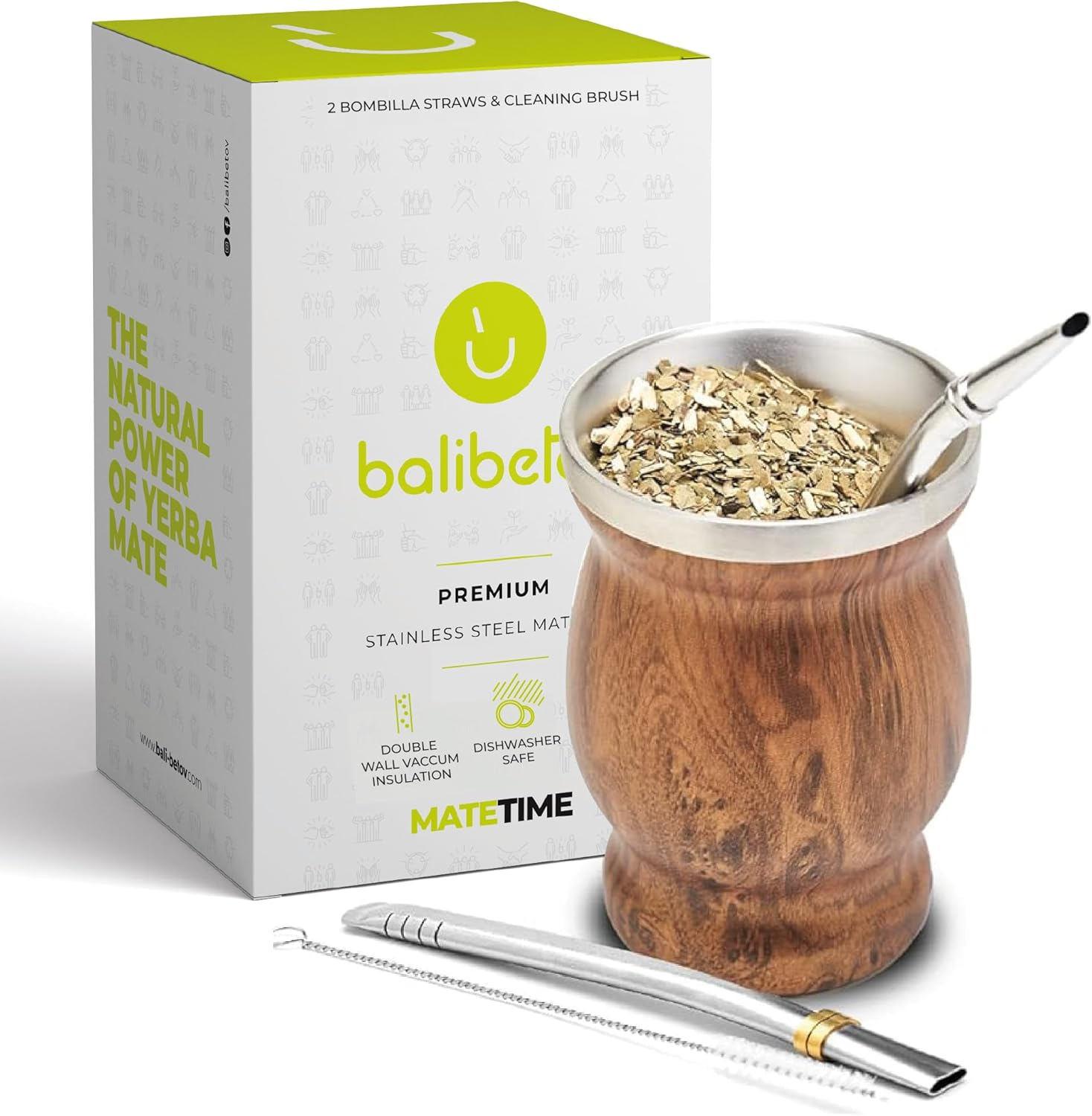 BALIBETOV Mate Cup and Bombilla Set - Yerba Mate Set Includes One Yerba Mate Cup, Two Bombilla Mate (Straw) and Brush - Stainless Steel Double-Wall | Easy to Clean Yerba Mate Gourd (Wood)