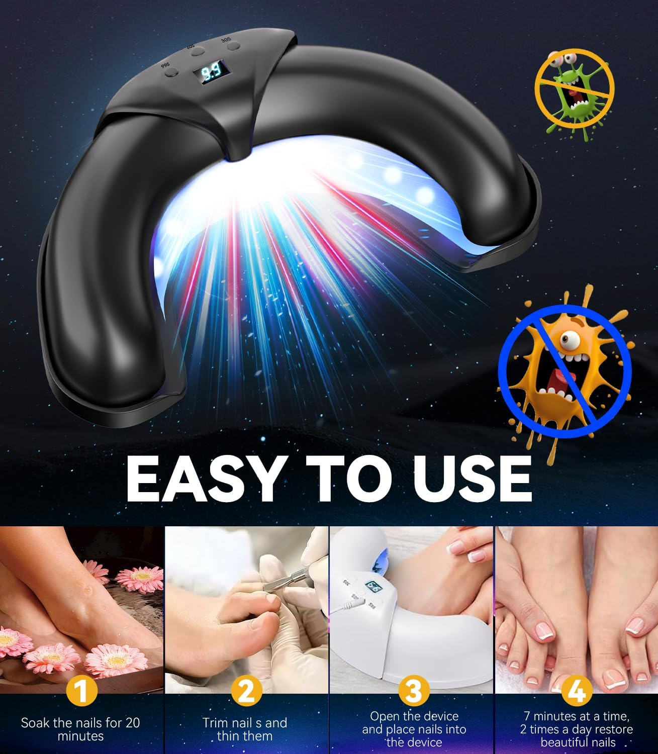2025 Top Upgrade Nail Pil Laser Device Pain Free/Intelligent Time Control 30S/60S/99S 365Nm Infrared Light 405Nm Blue Portable Nail Tool for Fingers and Toenails image number 4