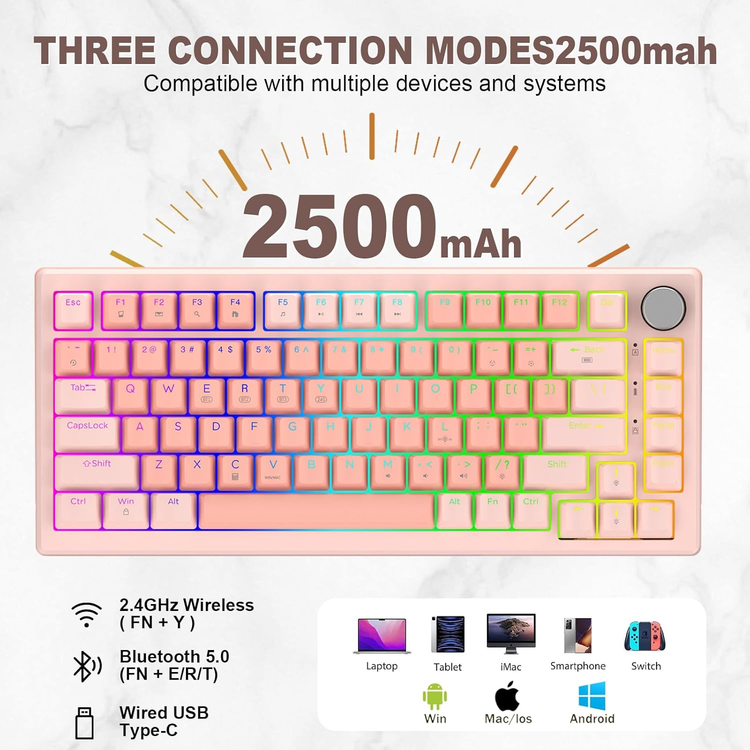 FG75 75% Wireless Mechanical Gaming Keyboard with Knob - Hot Swappable, Gasket Mount, Pre-Lubed Switches, RGB Backlit, PBT Keycaps, Bluetooth/2.4Ghz/Usb-C for PC (Pink) image number 4
