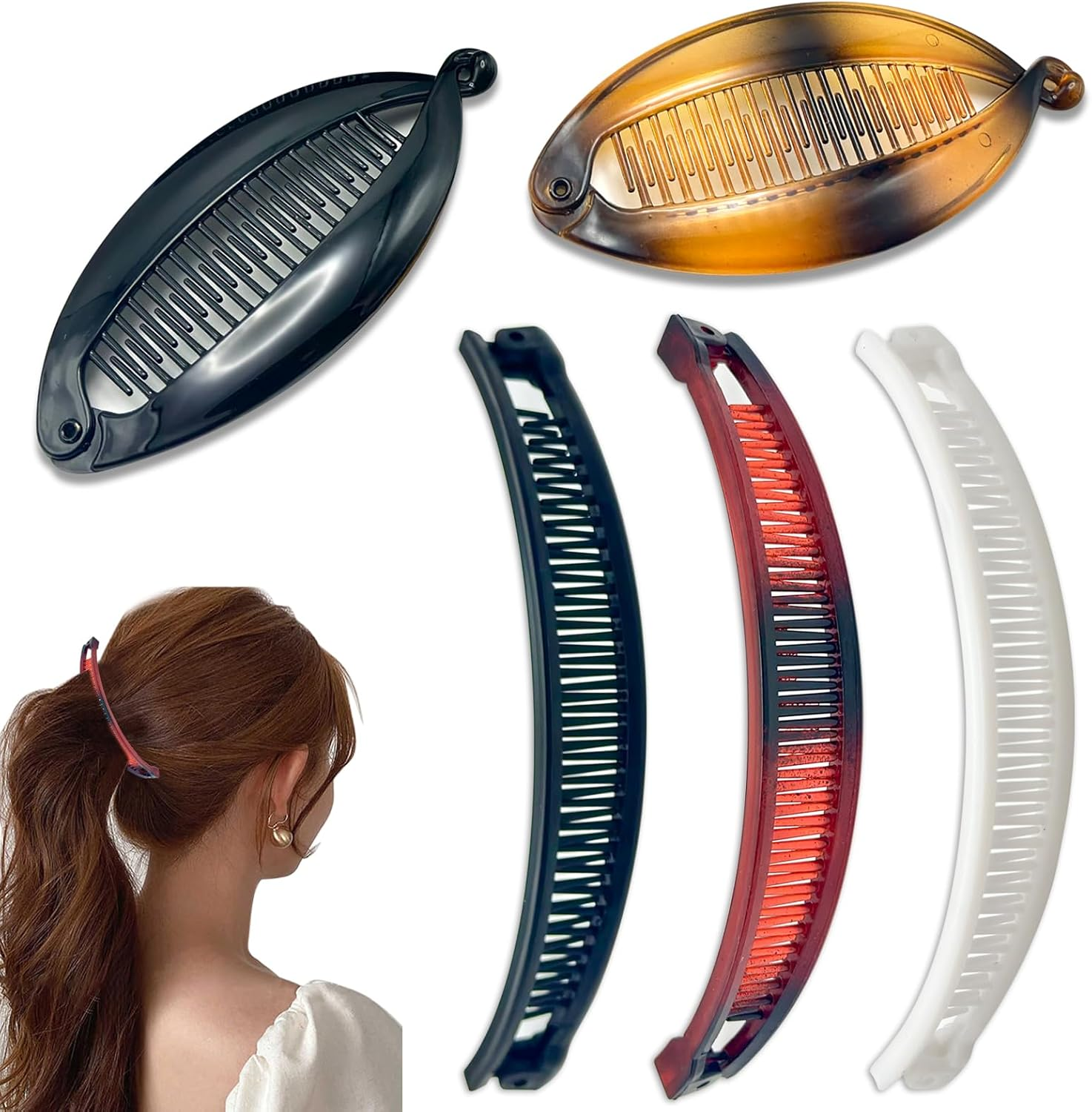 BRDXOOL Pack of 5 Banana Hair Clips, Women'S Fish Clips, Elegant Classic Ponytail Clips, Hair Arrangement, Suitable for Thick Hair, Non-Slip, Fashionable, Portable (Two Styles) image number 1