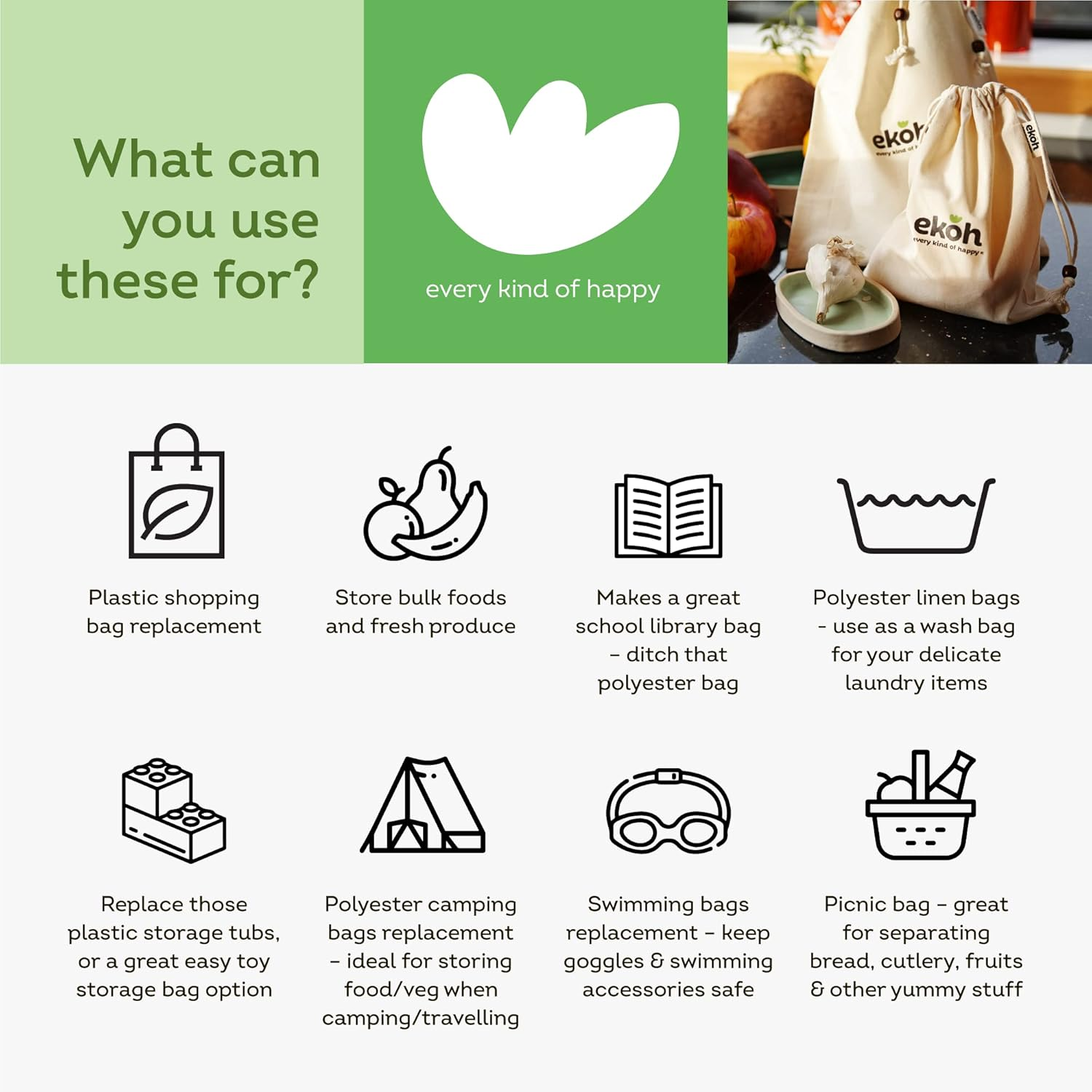 EKOH Reusable Produce Bags | Set of 6 Washable Organic Cotton Drawstring Bags | Double Stitched Muslin Shopping Bag | Bread, Onions, Fruit Veggie Grocery Storage Bags - 3 Size (2S, 2M, 2L) image number 3