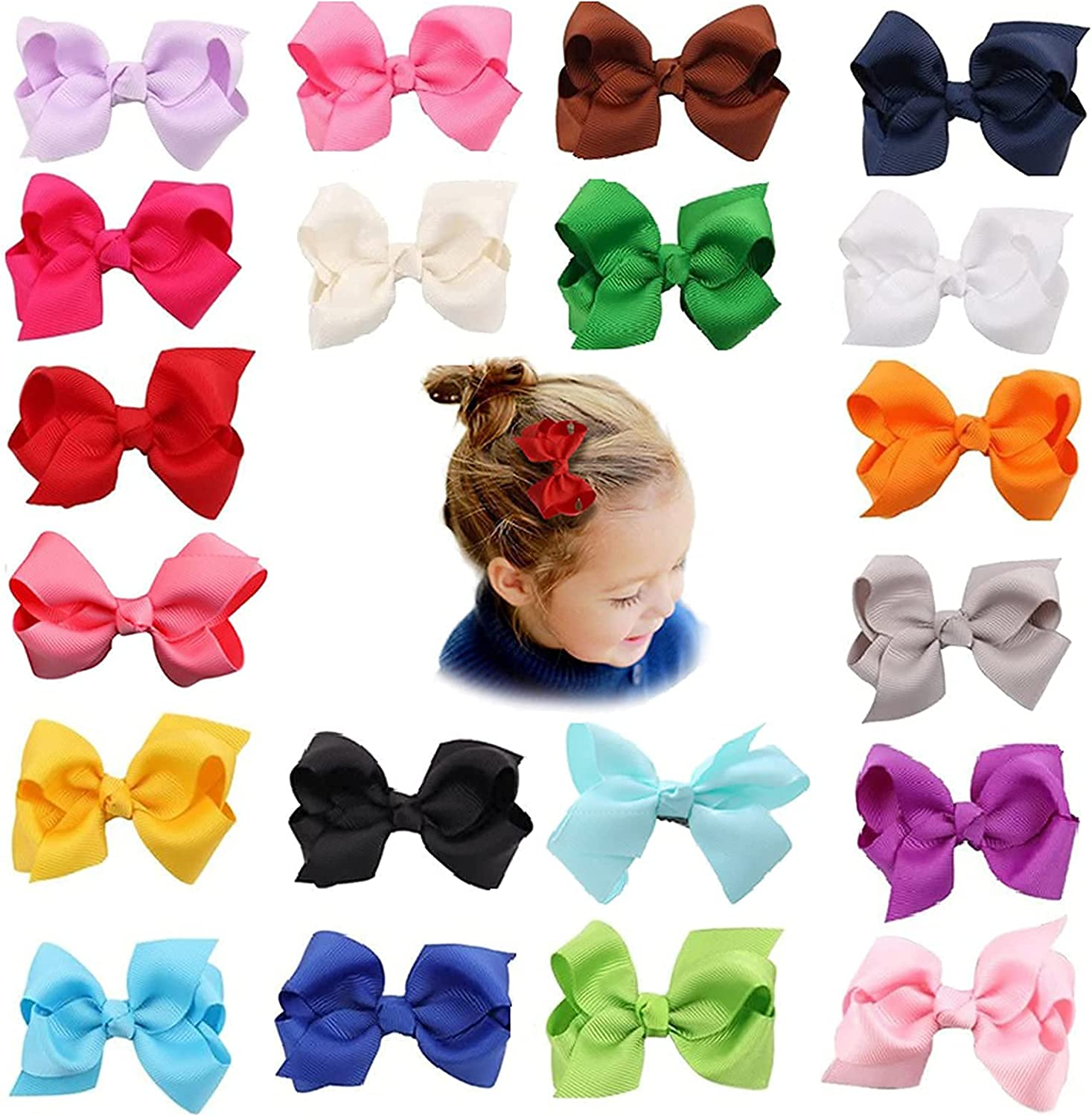 3 Inch Baby Girls Clips,20 PCS Proxima Direct Baby Hair Clips,Grosgrain Boutique Solid Color Ribbon Mini Hair Bows Clips for Baby Girls Teens Infants Kids Toddlers Children image number 4