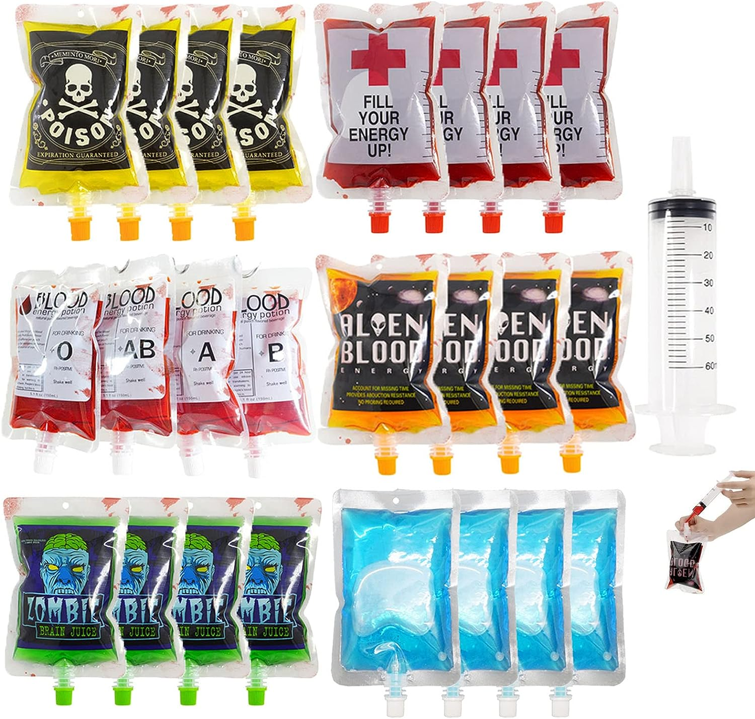 ERDONE Blood Bags for Drinks,24 IV Bags for Halloween Party Decoration,Reusable Drink Pouch with Syringe, for Vampire Hospital Zombie Theme Party Drink Bags, Halloween Party Favors Set image number 1