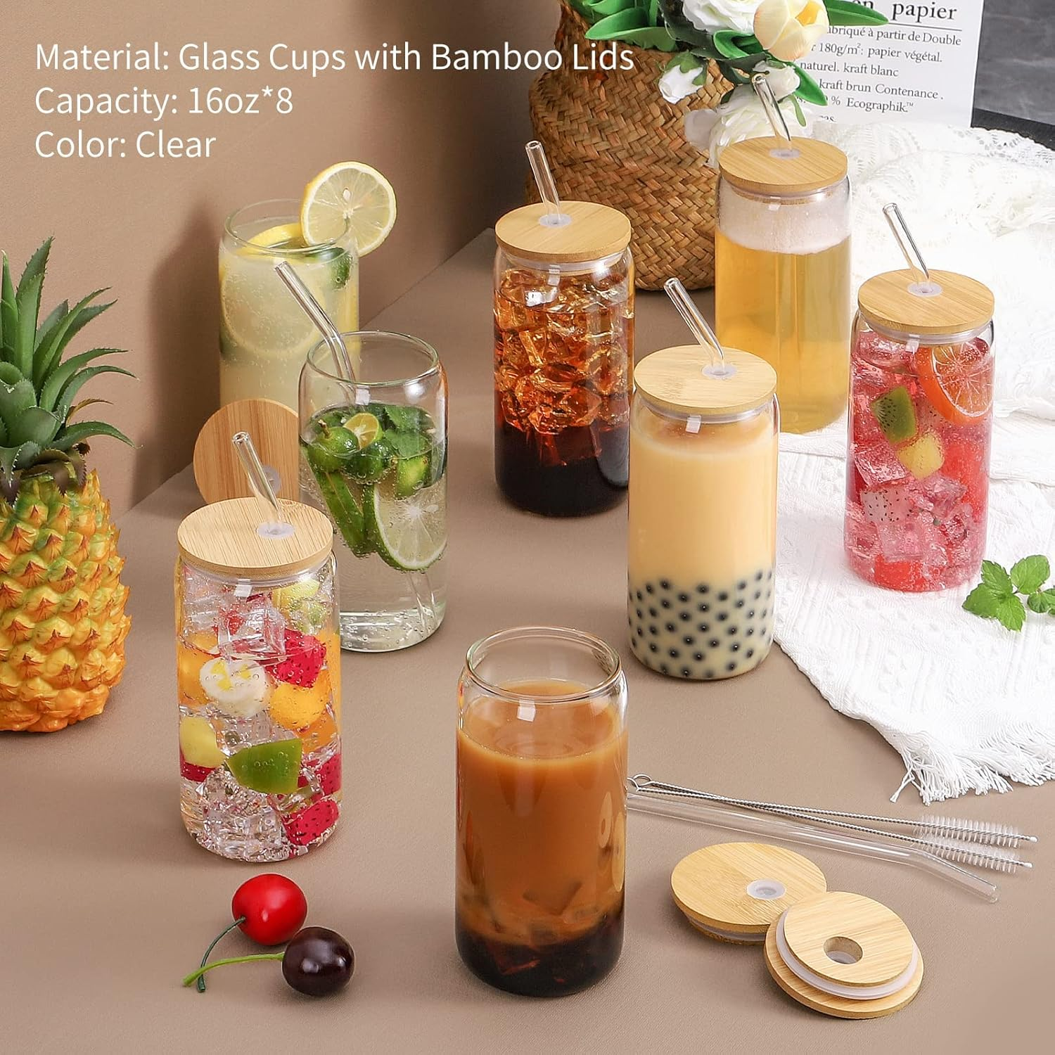 Drinking Glasses with Bamboo Lids and Glass Straw - 8Set 500Ml Can Shaped Glass Cups for Beer, Ice Coffee, Cute Tumbler Cup Great for Soda Boba Tea Cocktail Include Cleaning Brushes image number 5