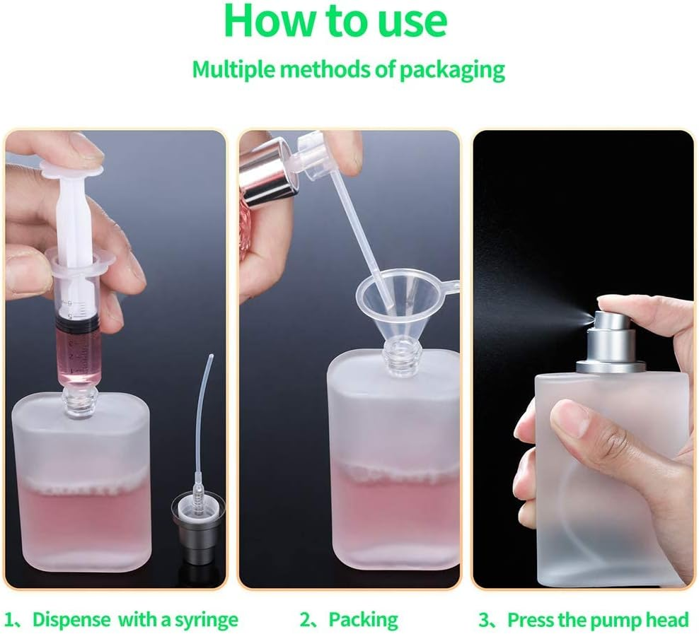 2 Pack 100Ml/3.38 Oz Empty Frosted Glass Spray Bottle Perfume Atomizer, Refillable Fine Mist Spray Empty Perfume Bottles with 4 Kinds of Perfume Dispenser (2 Pack 100Ml/3.38 Oz Frosted Bottles) image number 4