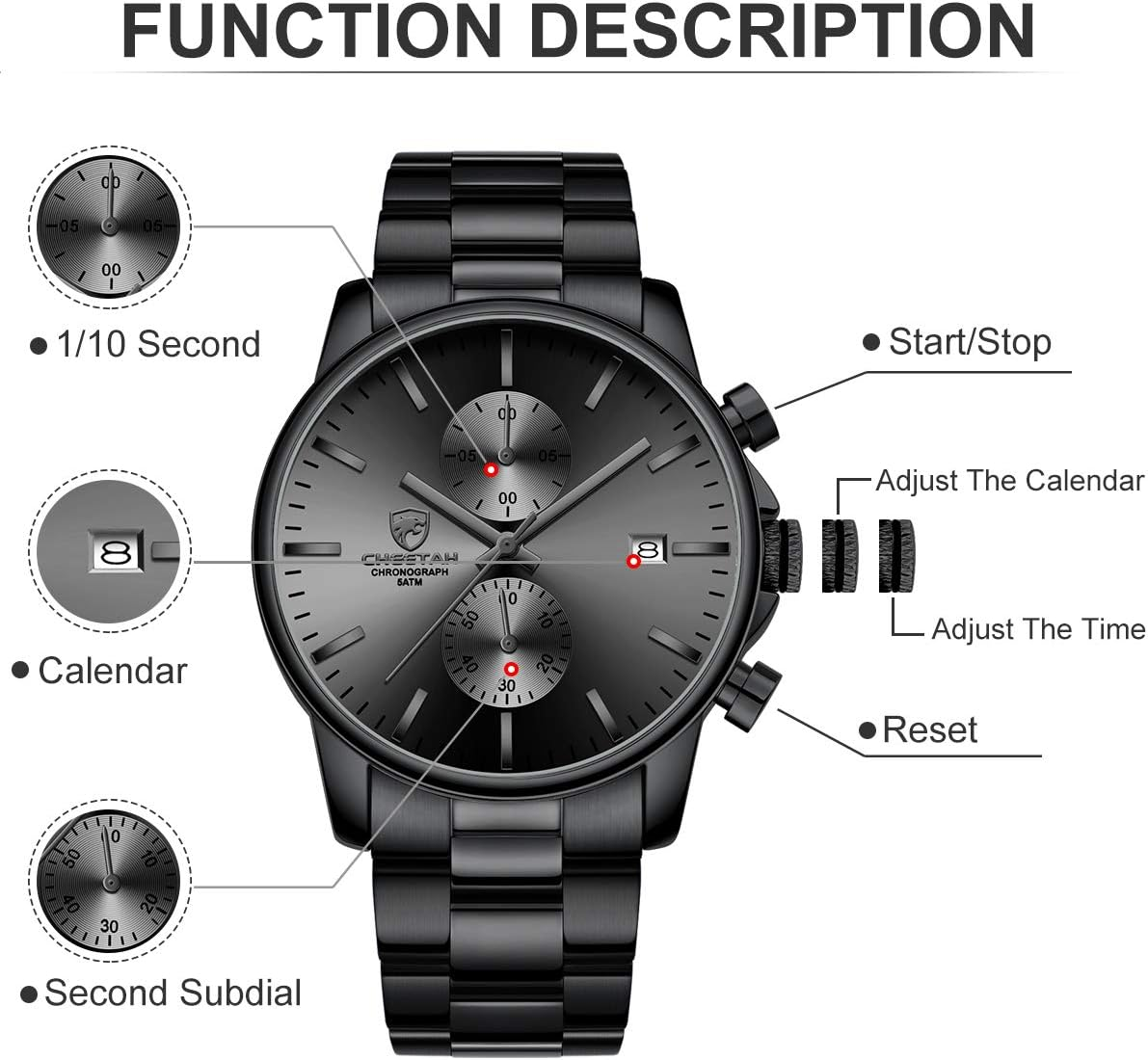 GOLDEN HOUR Fashion Business Mens Watches with Stainless Steel Waterproof Chronograph Quartz Watch for Men, Auto Date - Black Blue image number 3