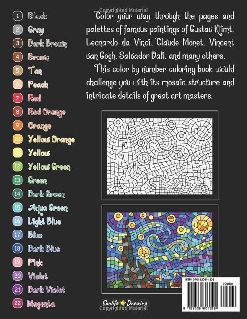Famous Paintings Color by Number for Adults: 22 World Masterpieces Artwork in Color by Number Mosaics for Adults Relaxation and Stress Relief image number 1