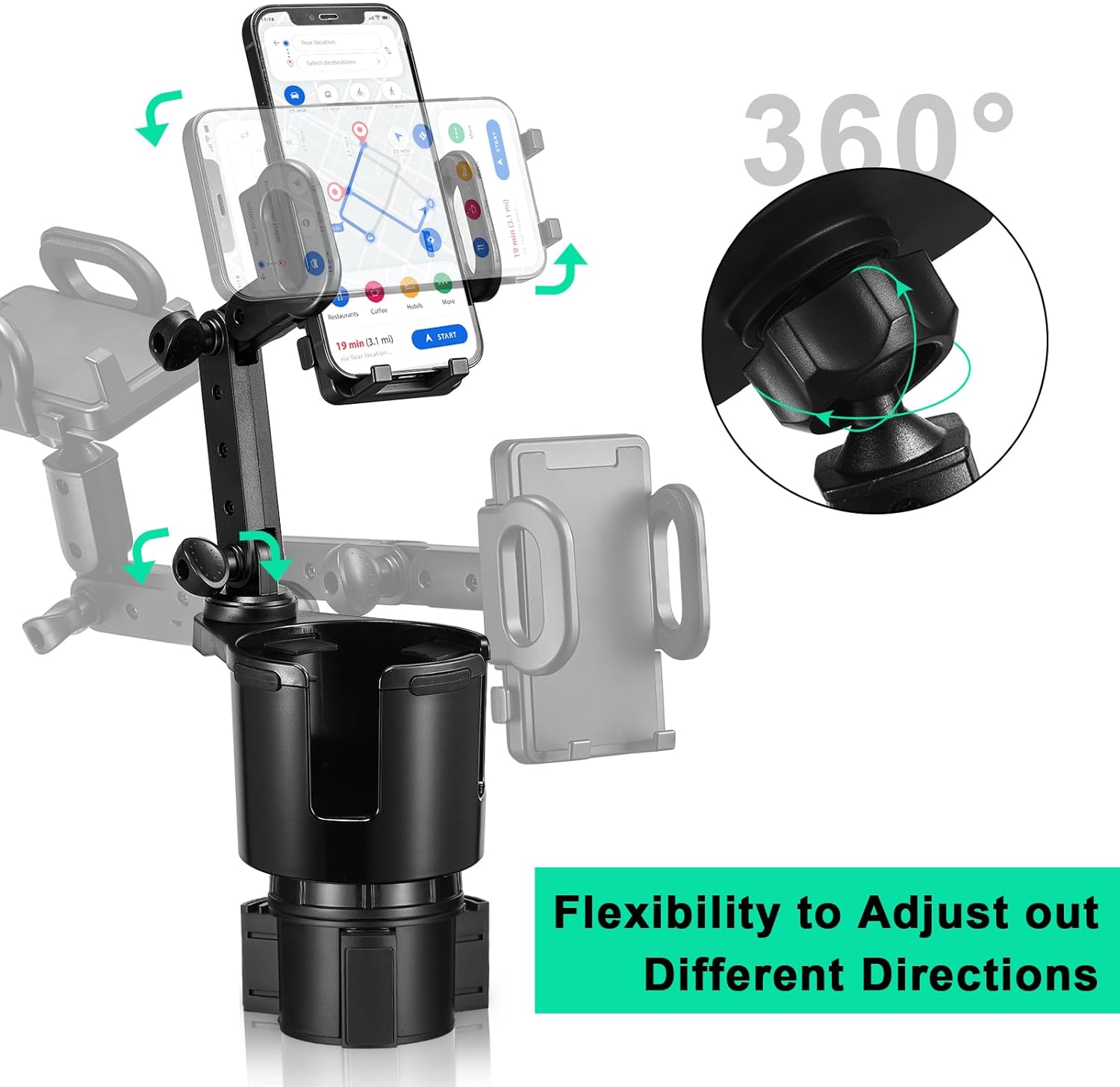 THIS HILL Car Cup Holder Expander Adjustable Base with Phone Mount 360&deg; Rotation Cup Holder Cell Phone Holder for Car Compatible with Iphone/Samsung All Smartphones image number 1