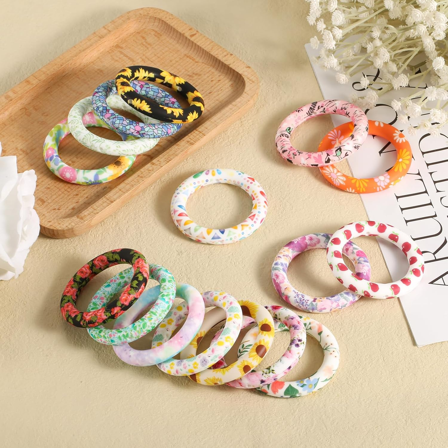 16Pcs Floral Silicone Beadable O Rings, 65Mm Silicone Beads Ring round Silicone Loop with 2 Holes Focal Frame Silicone Pendant for Jewelry Making DIY Crafts Necklaces Keychains(16 Styles) image number 2