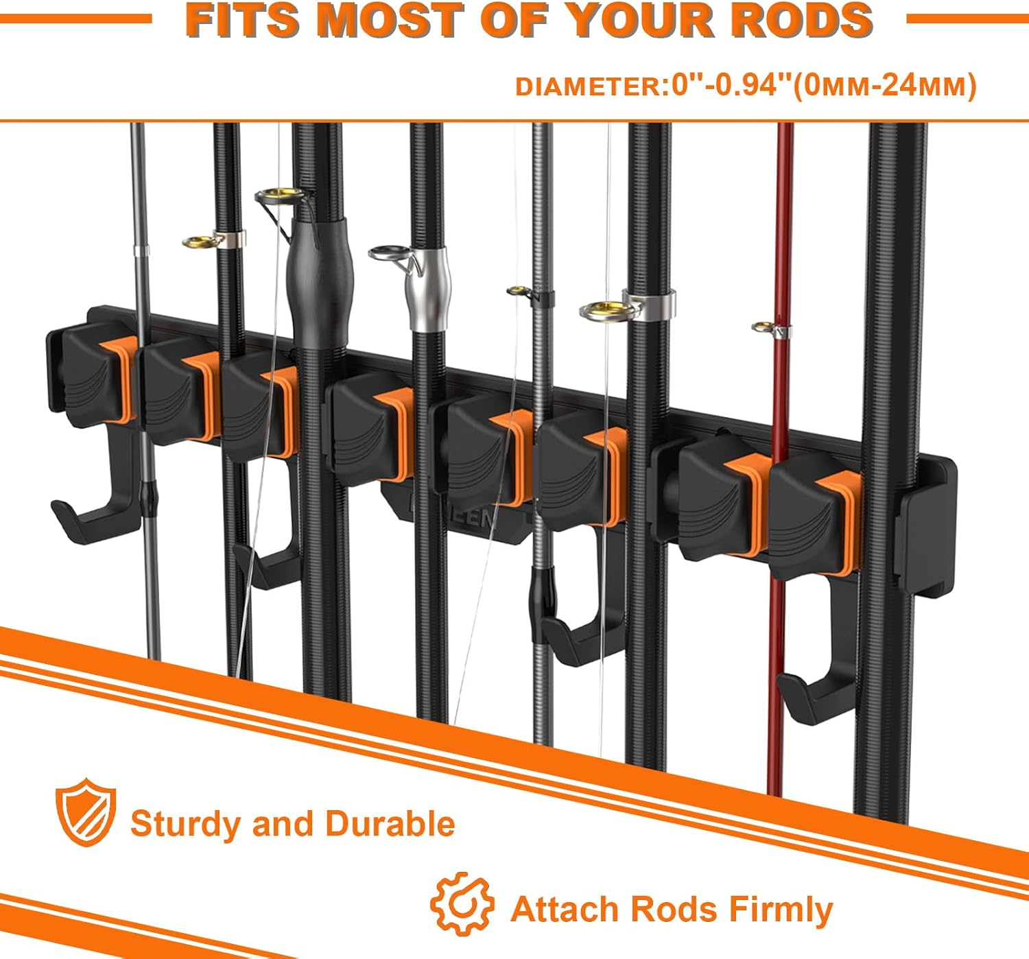 Hikeen Fishing Rod Holders, Wall Mounted Fishing Rod Rack, Fishing Pole Holder Holds up to 8 Rods or Combos, Fishing Rod Holders for Garage with 4 Hooks, Orange, 1 Pack image number 1