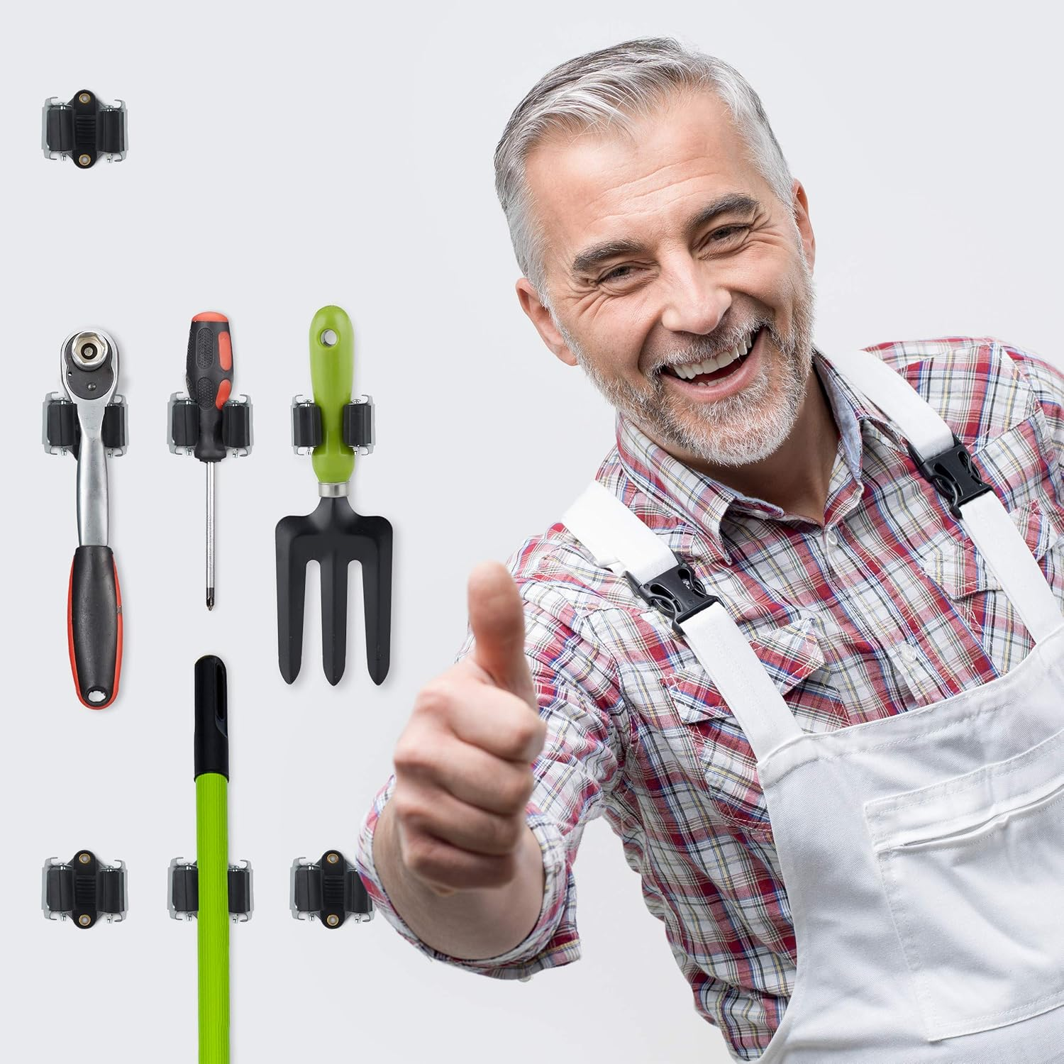 Relaxdays Utility Tool Clamps Set 10, Rubber Gripping Clips, Universal Wall Broom Holder, Garden Tools, Iron, Black/Grey image number 1