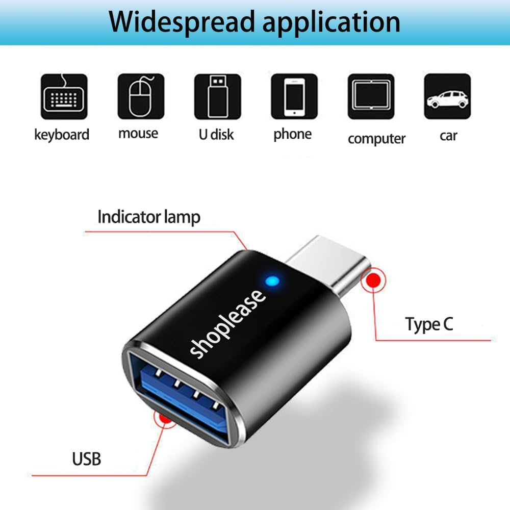 Shoplease USB-C to USB Adapter with LED Indicator, Type a Female to Type C Male, 4 Pack, Black, Compatible with Iphone Macbook Ipad Galaxy image number 6