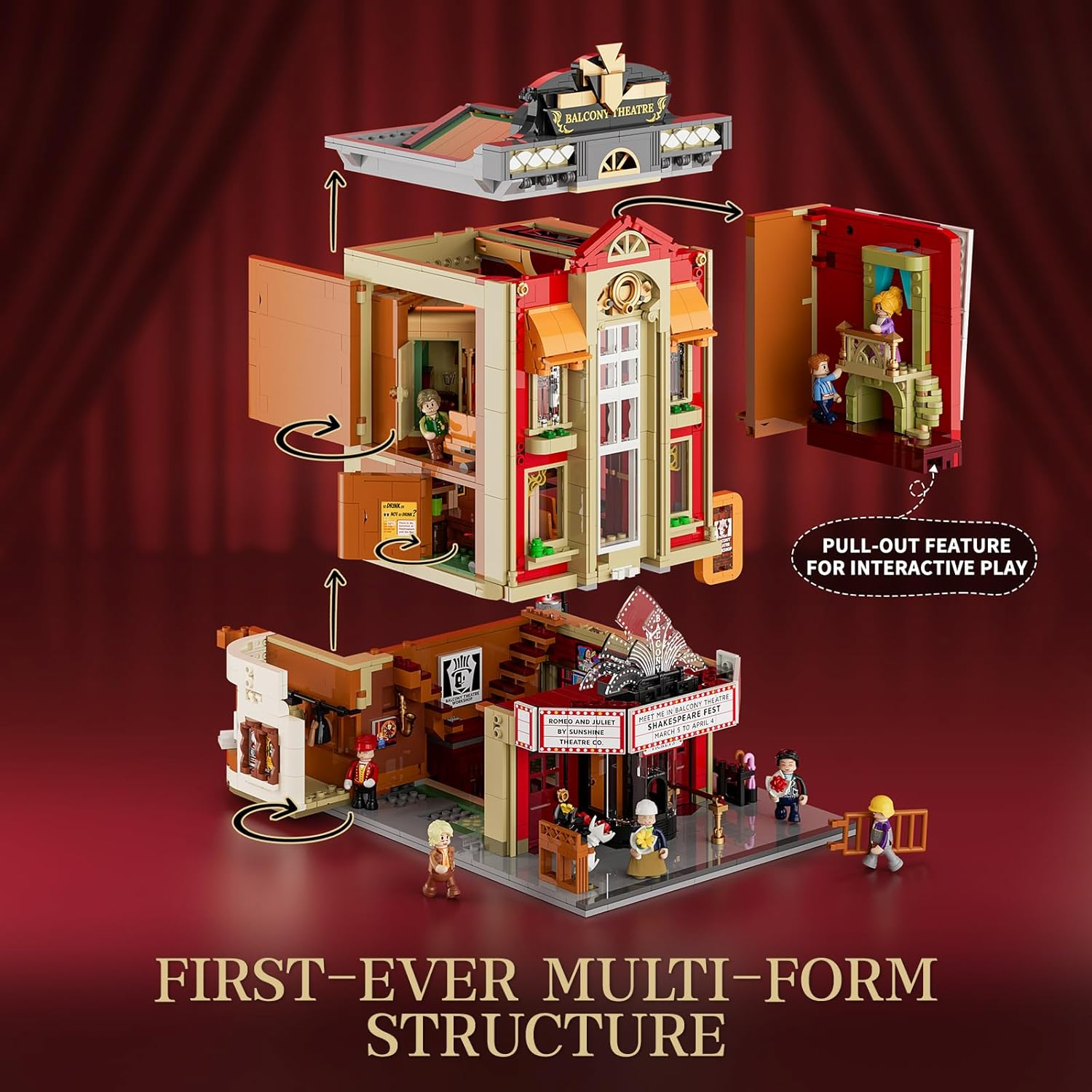 FUNWHOLE Balcony-Theatre Lighting Building-Bricks Set - City Town Creator House LED Light Multi-Form Modular Collectible Display Kit 2445 Pcs for Adults and Movie Lovers image number 4